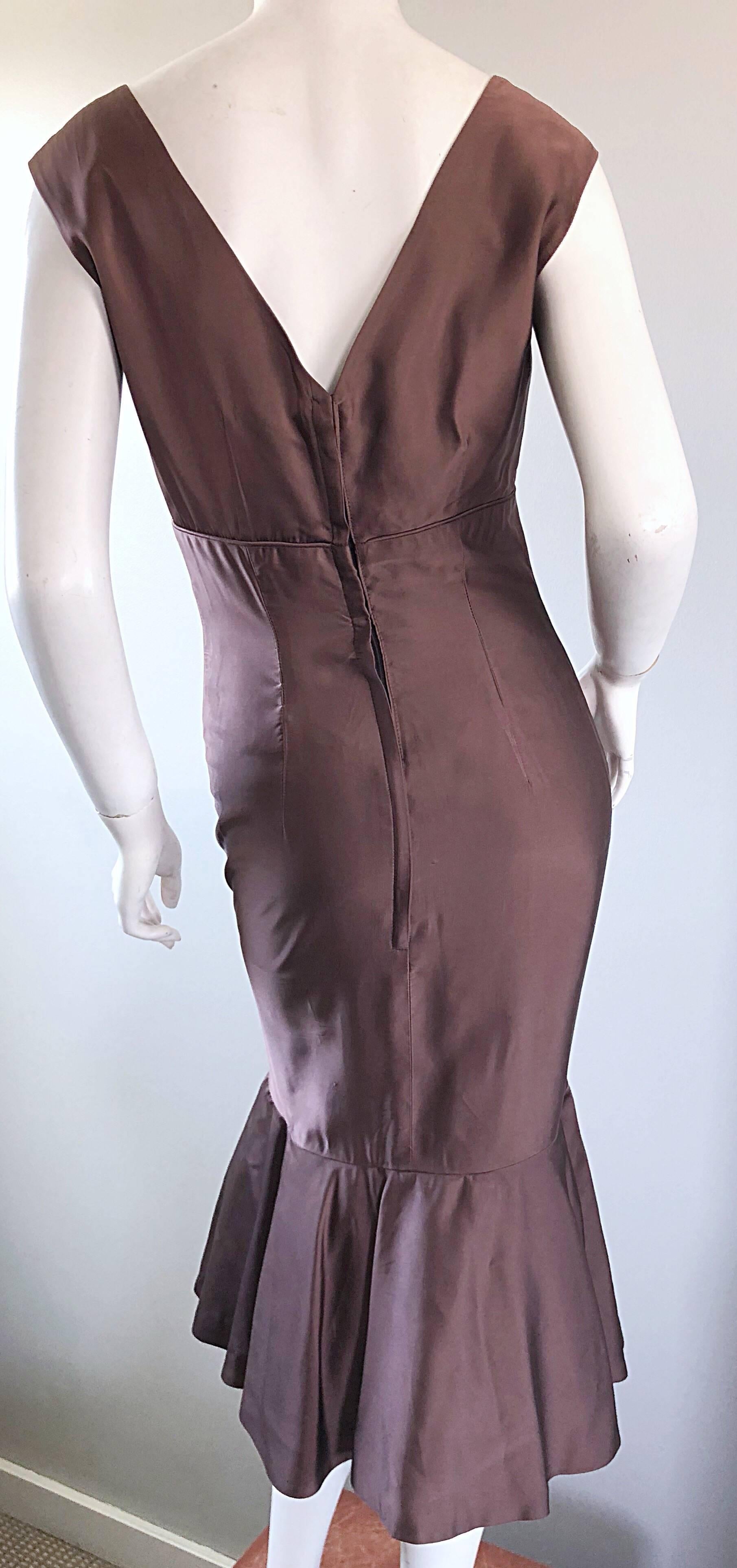 1950s Halmar Demi Couture Taupe / Light Brown Silk Vintage 50s Mermaid Hem Dress For Sale 4
