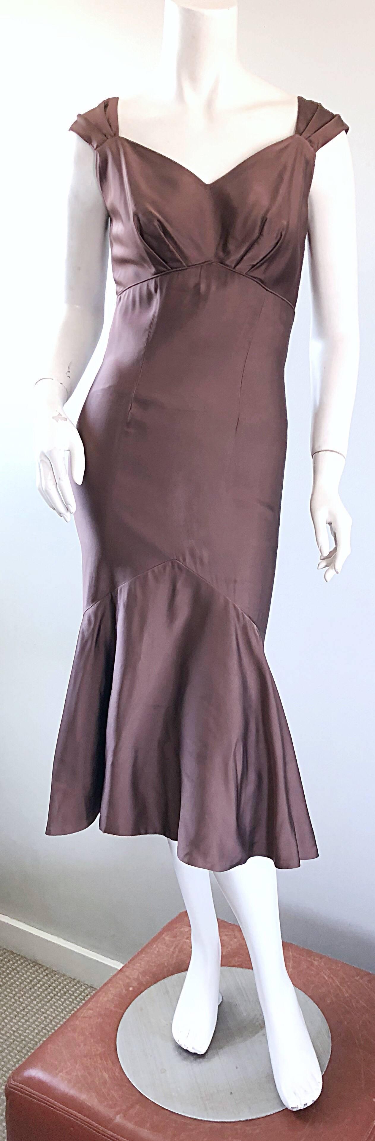 1950s Halmar Demi Couture Taupe / Light Brown Silk Vintage 50s Mermaid Hem Dress For Sale 5