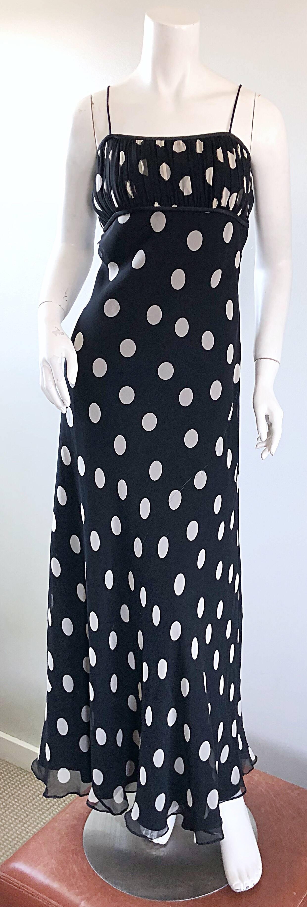 Chic vintage 90s ABRIELE MELANO black and white polka dot silk chiffon gown! Classic oversized polka dots on a spaghetti strap full length dress. Pleated details on the empire bodice with a forgiving loose fitting skirt. Hidden zipper up the side