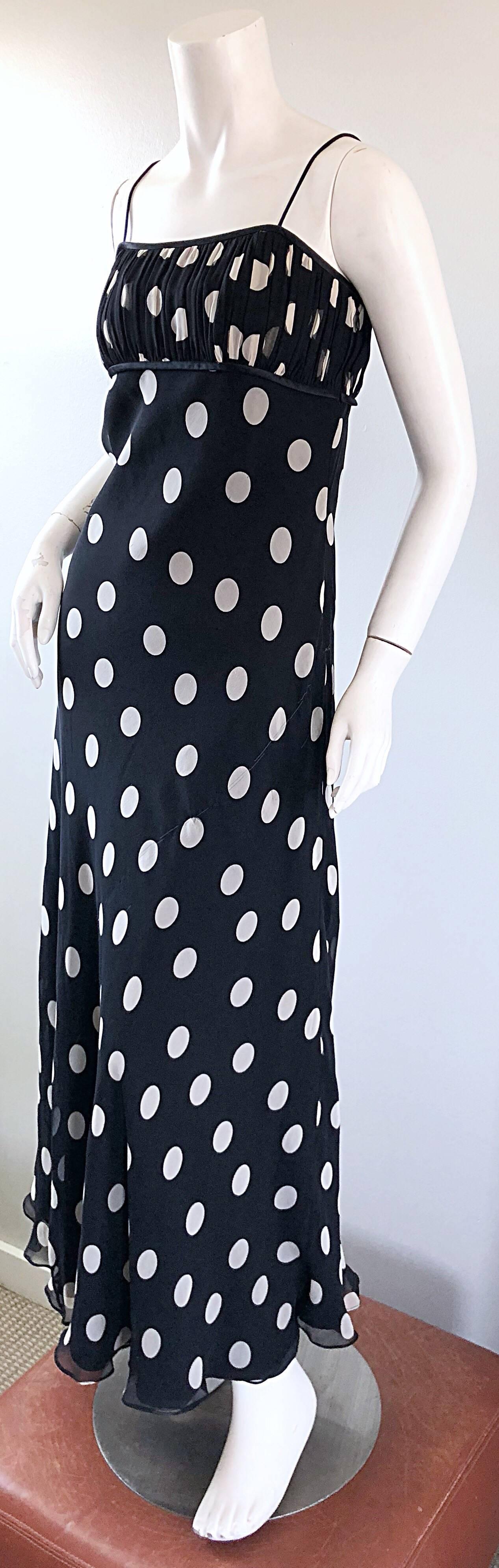 1990s Abriele Melano Black and White Polka Dot Silk Chiffon Maxi Dress 90s Gown In Excellent Condition In San Diego, CA