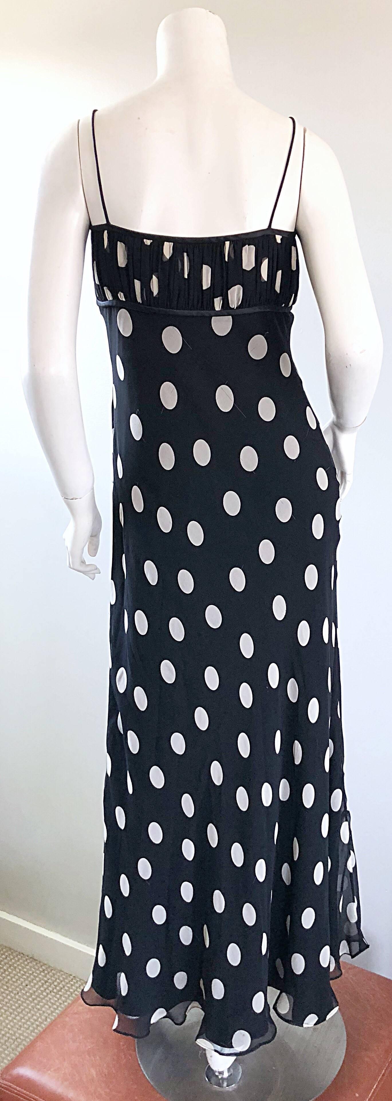 Women's 1990s Abriele Melano Black and White Polka Dot Silk Chiffon Maxi Dress 90s Gown