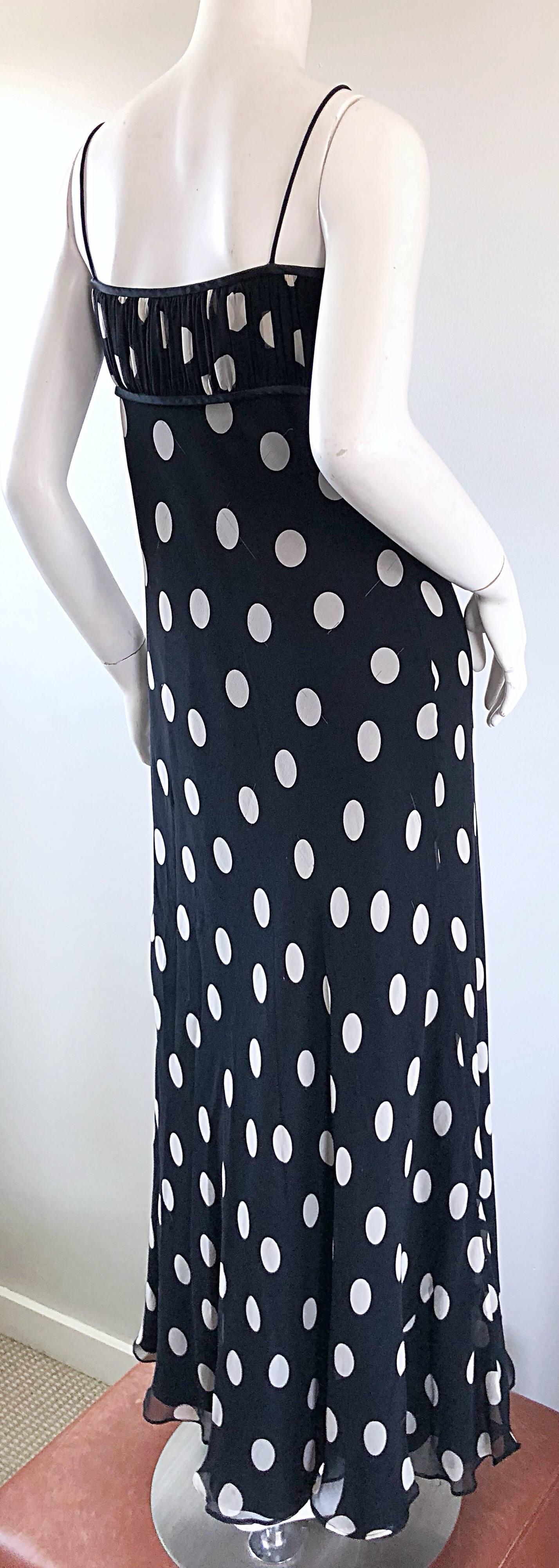 1990s Abriele Melano Black and White Polka Dot Silk Chiffon Maxi Dress 90s Gown 3