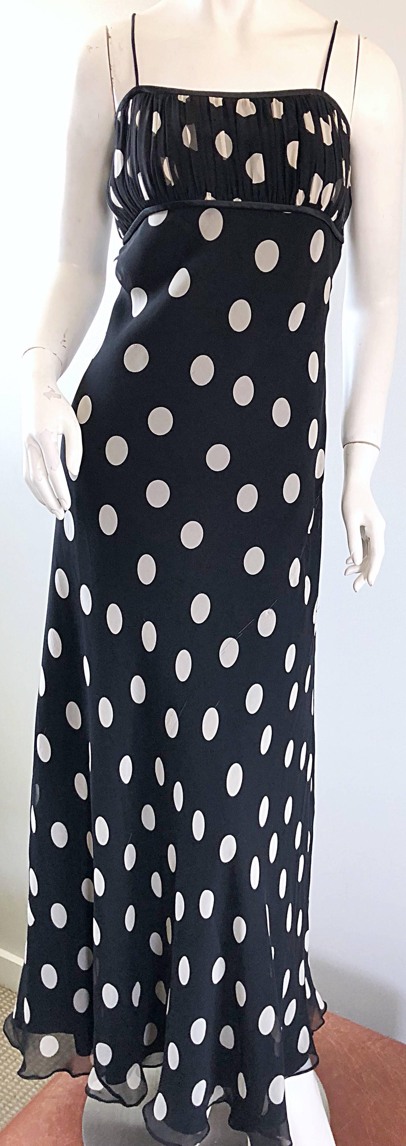 1990s Abriele Melano Black and White Polka Dot Silk Chiffon Maxi Dress 90s Gown 4