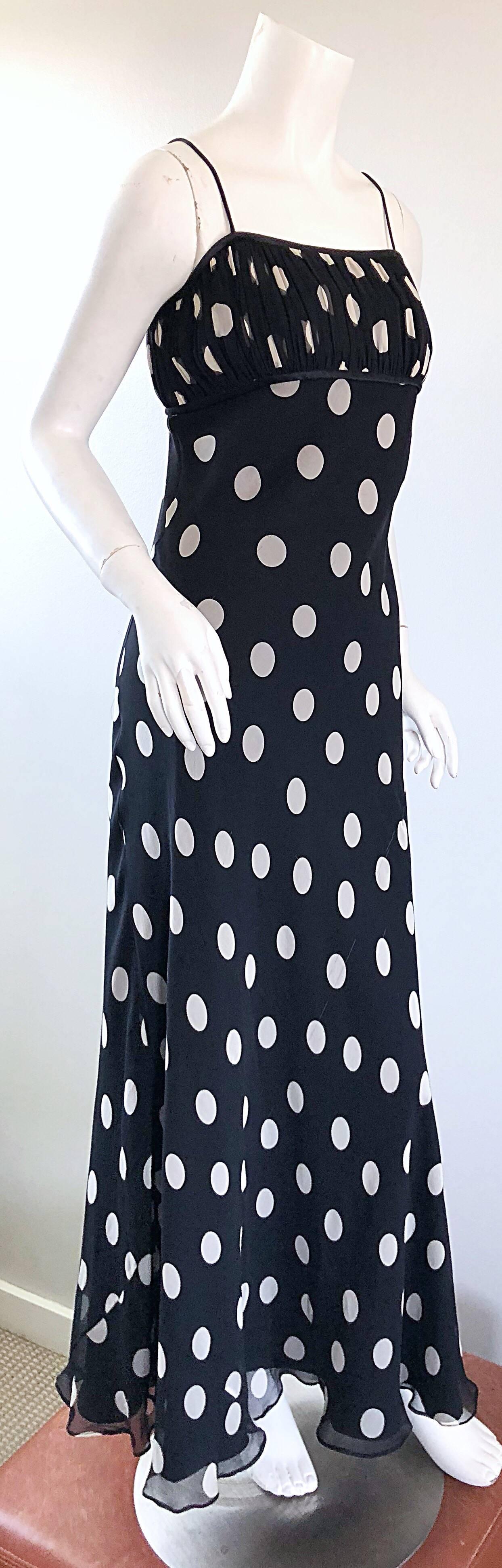 1990s Abriele Melano Black and White Polka Dot Silk Chiffon Maxi Dress 90s Gown 5
