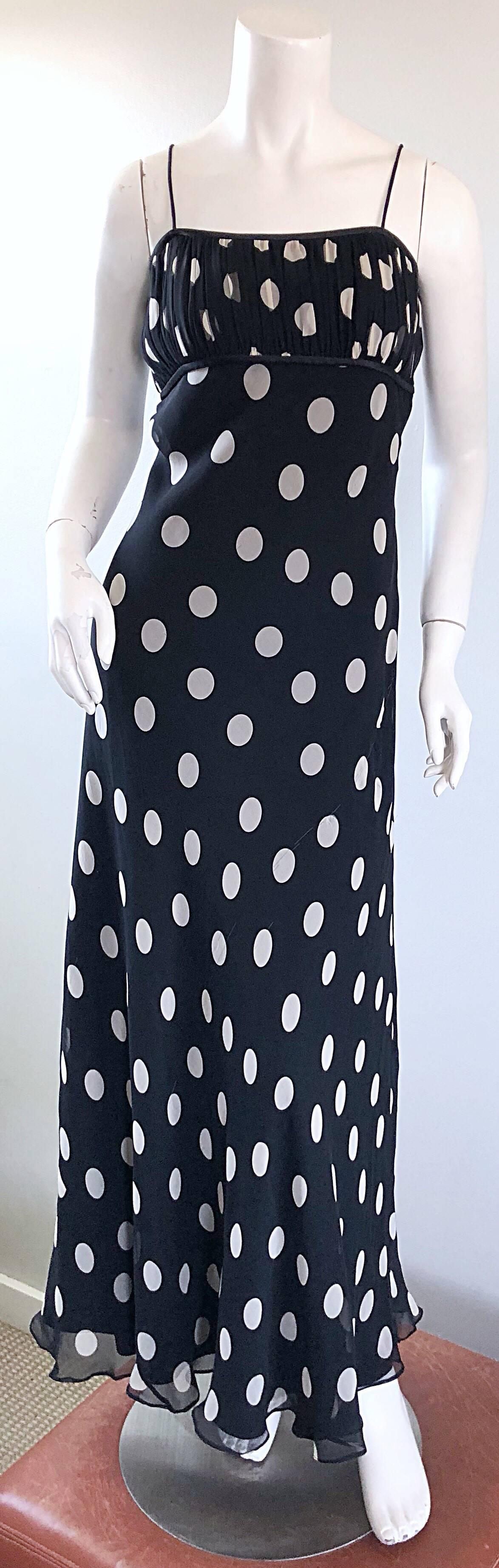 1990s Abriele Melano Black and White Polka Dot Silk Chiffon Maxi Dress 90s Gown 7