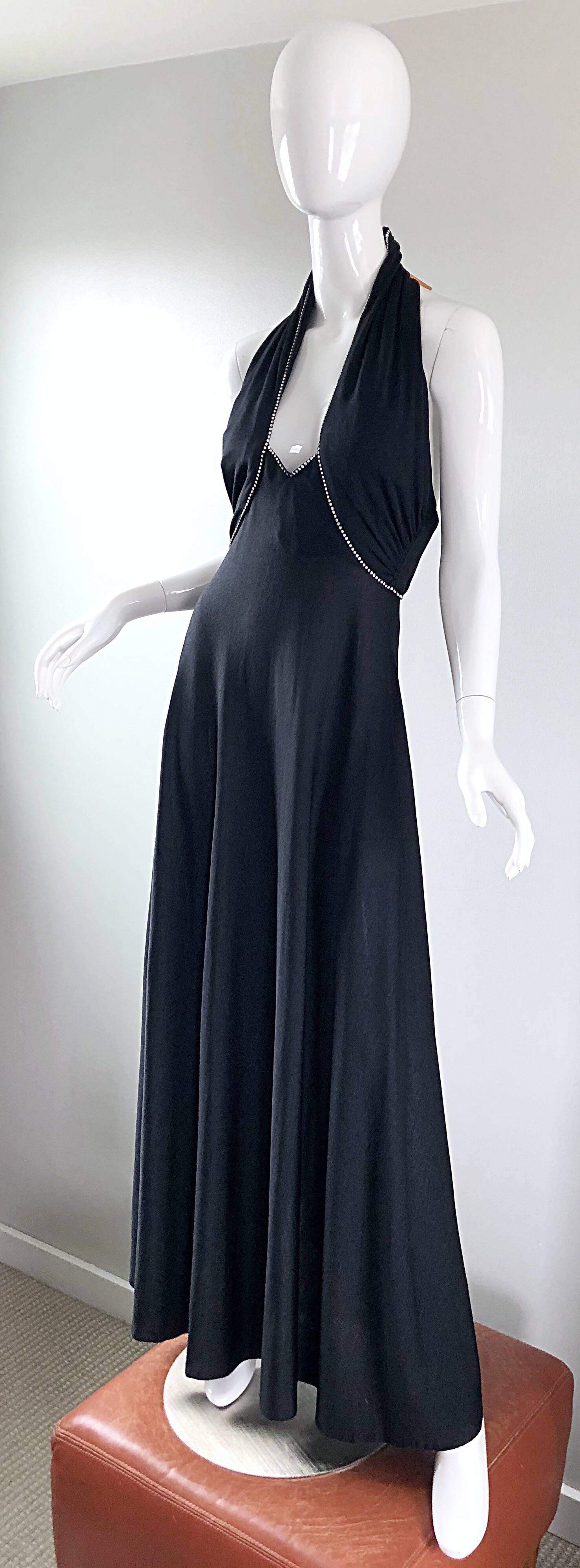 Women's 1970s Black Jersey Rhinestone Encrusted Sexy Vintage 70s Grecian Halter Gown