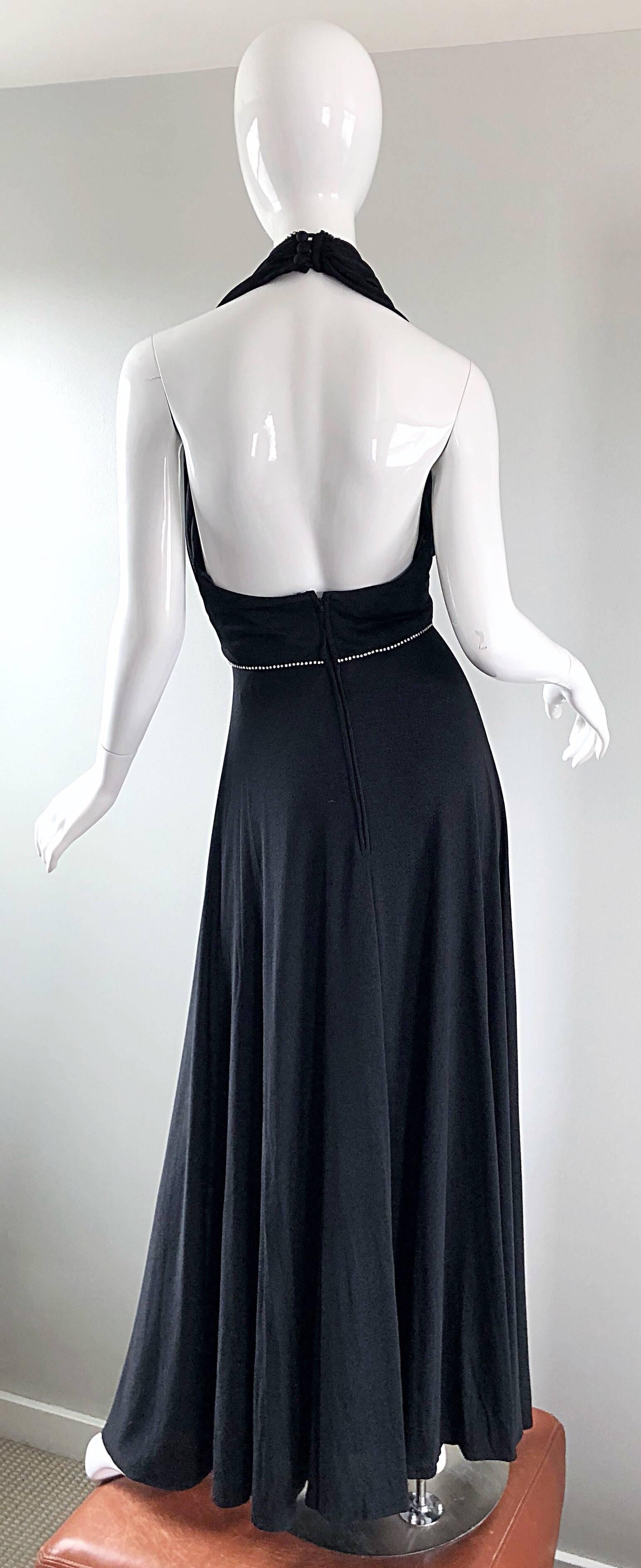 1970s Black Jersey Rhinestone Encrusted Sexy Vintage 70s Grecian Halter Gown 1