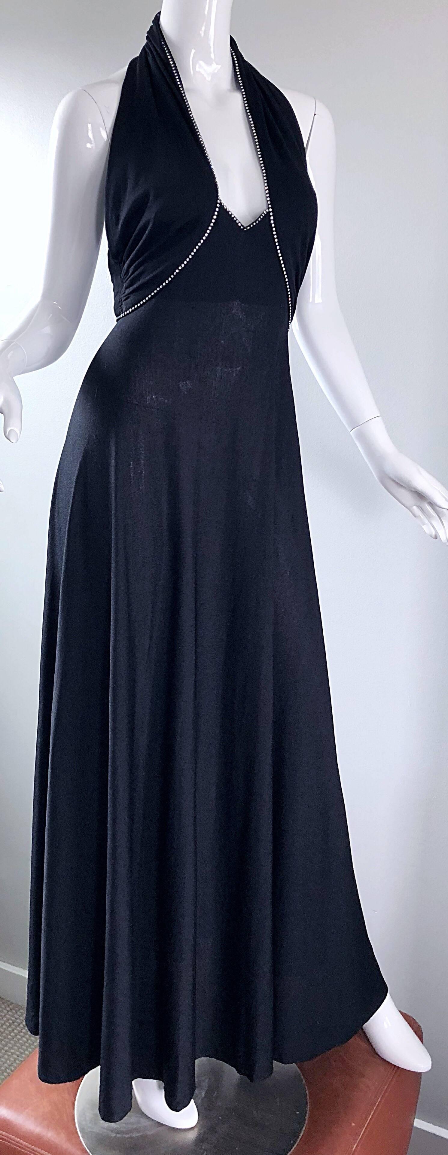 1970s Black Jersey Rhinestone Encrusted Sexy Vintage 70s Grecian Halter Gown 2