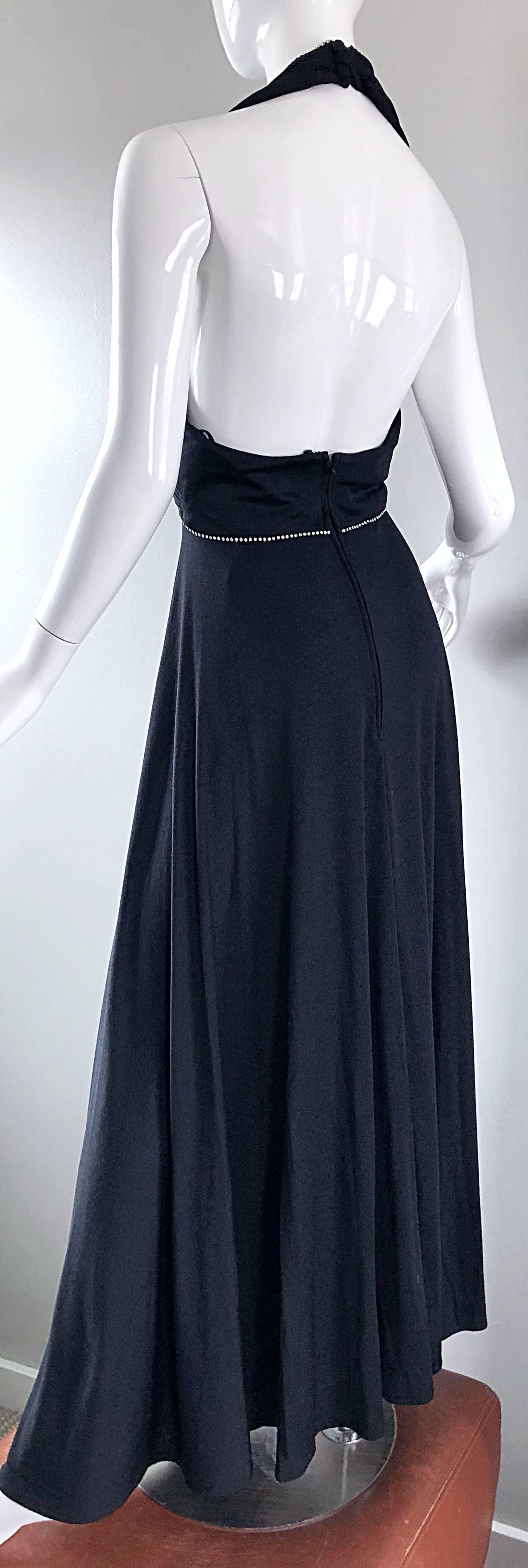 1970s Black Jersey Rhinestone Encrusted Sexy Vintage 70s Grecian Halter Gown 3