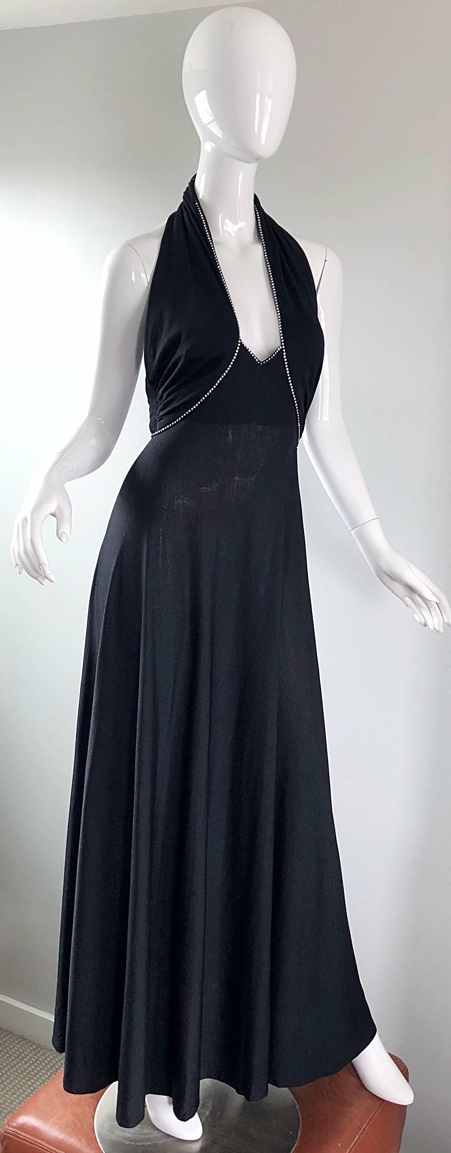 1970s Black Jersey Rhinestone Encrusted Sexy Vintage 70s Grecian Halter Gown 4