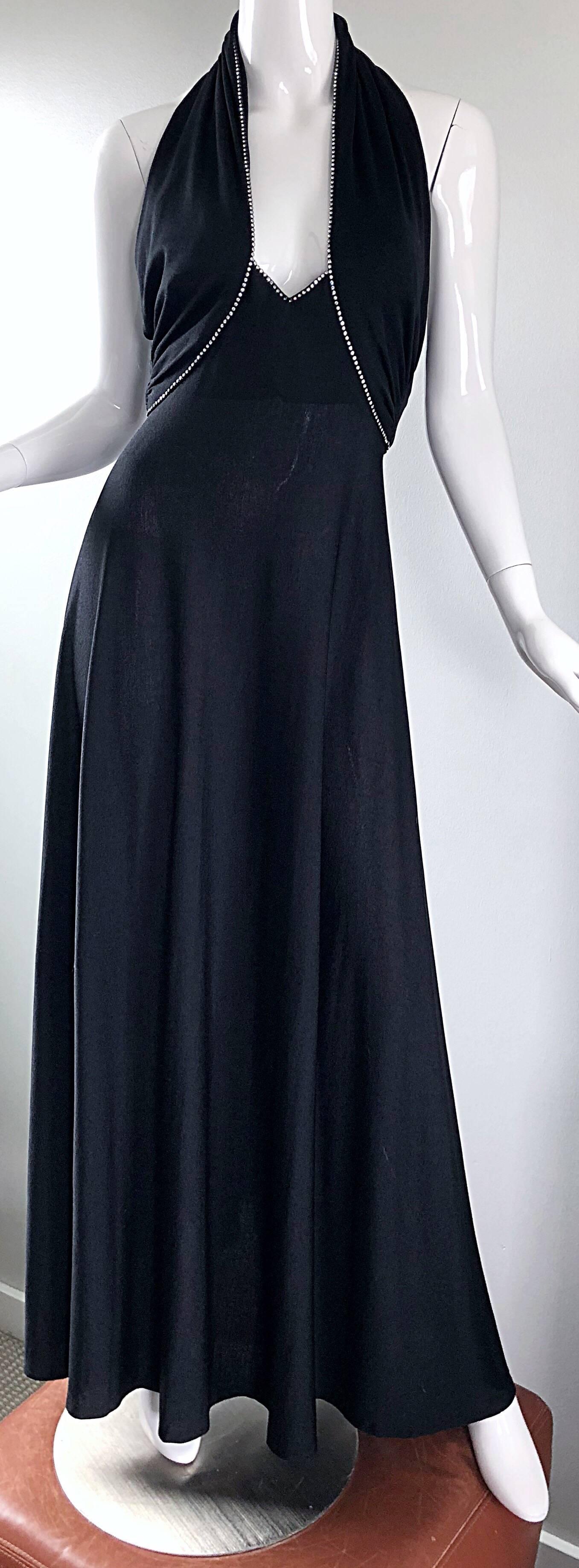 1970s Black Jersey Rhinestone Encrusted Sexy Vintage 70s Grecian Halter Gown 5