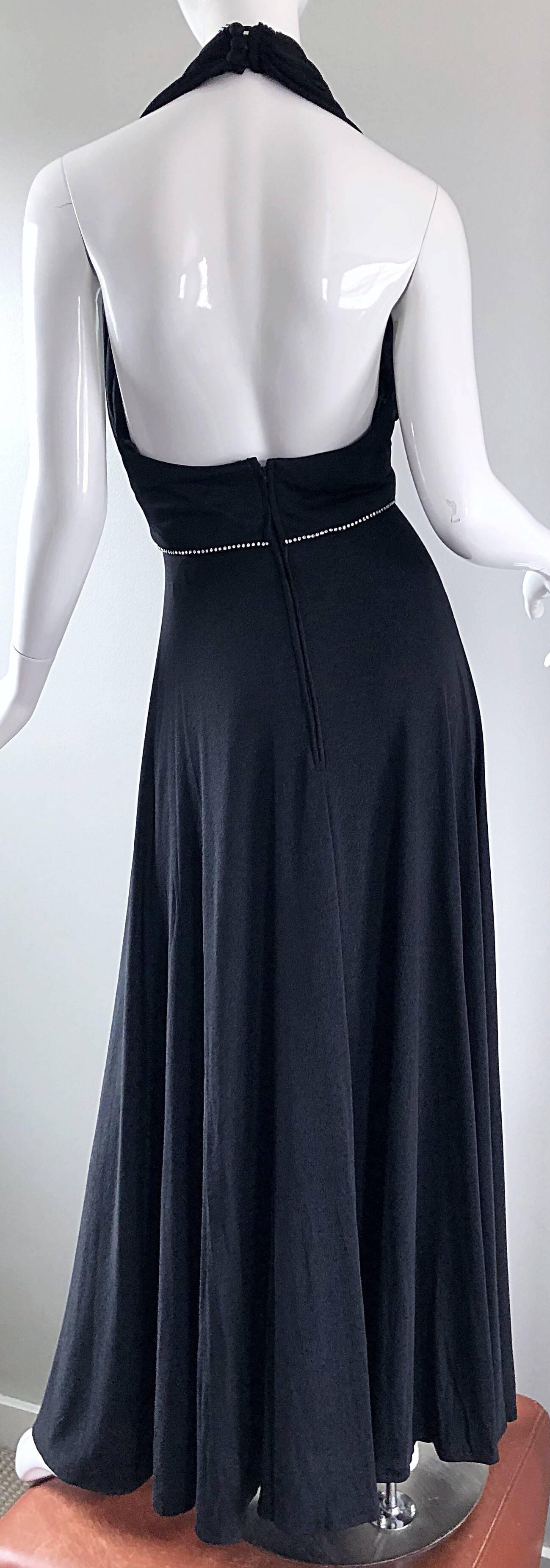 1970s Black Jersey Rhinestone Encrusted Sexy Vintage 70s Grecian Halter Gown 6