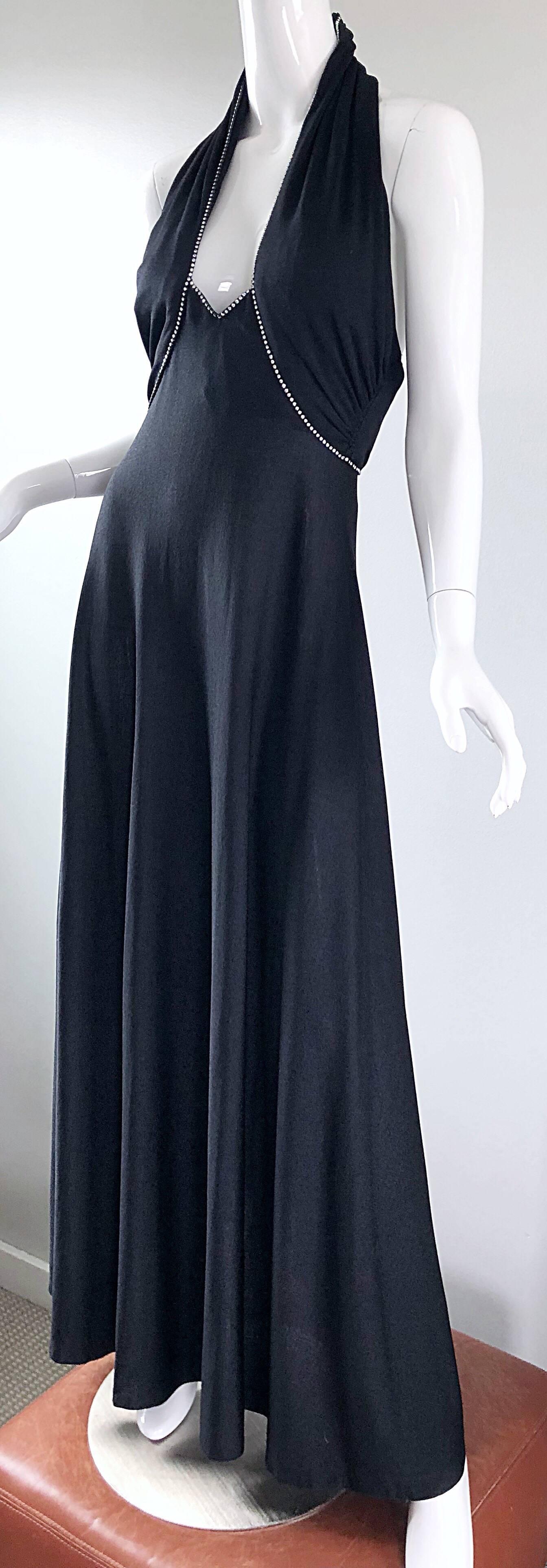 1970s Black Jersey Rhinestone Encrusted Sexy Vintage 70s Grecian Halter Gown 8