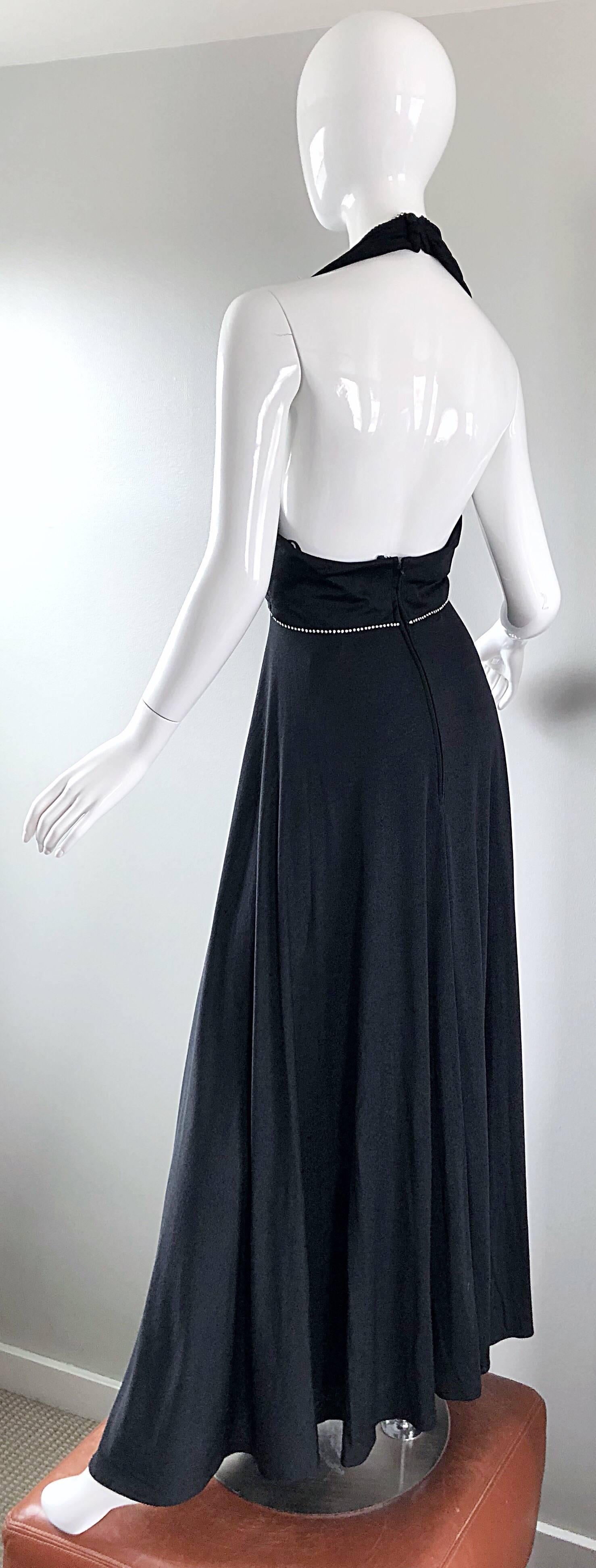1970s Black Jersey Rhinestone Encrusted Sexy Vintage 70s Grecian Halter Gown 9