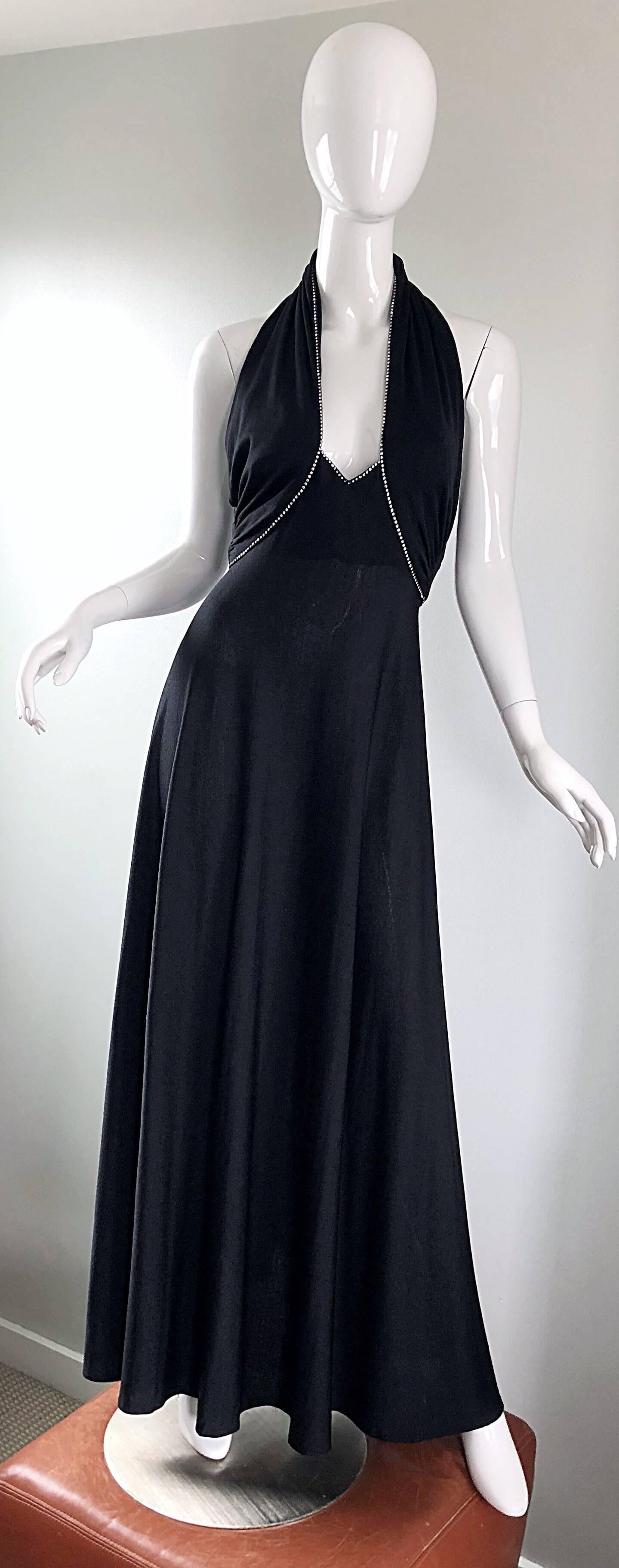 1970s Black Jersey Rhinestone Encrusted Sexy Vintage 70s Grecian Halter Gown 10