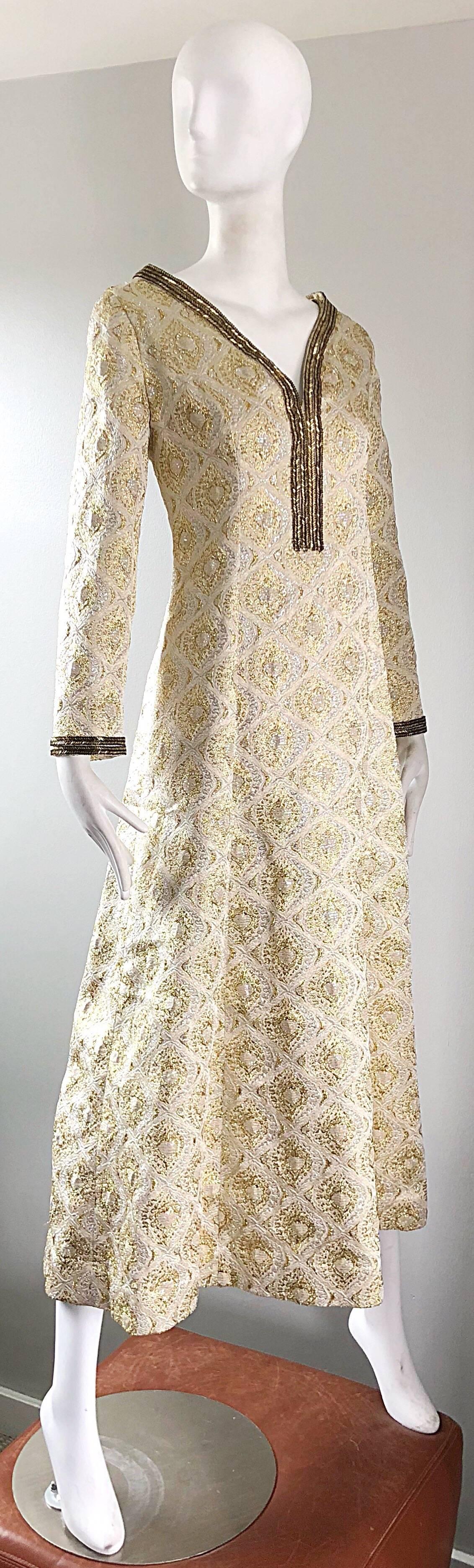 Beige Amazing 1970s Gold + Silver Silk Brocade Beaded Vintage 70s Caftan Maxi Dress For Sale
