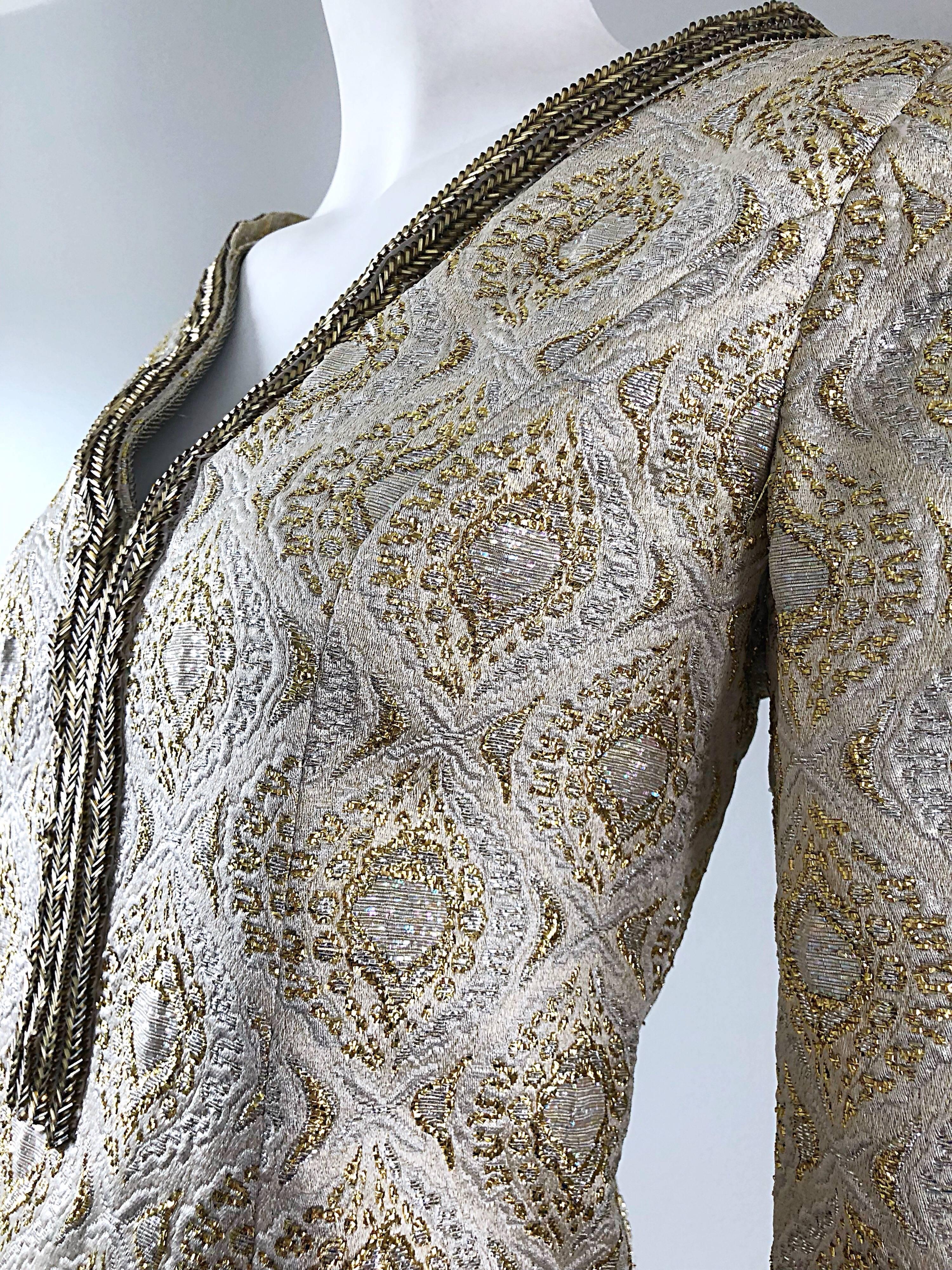 Amazing 1970s Gold + Silver Silk Brocade Beaded Vintage 70s Caftan Maxi Dress In Excellent Condition For Sale In San Diego, CA