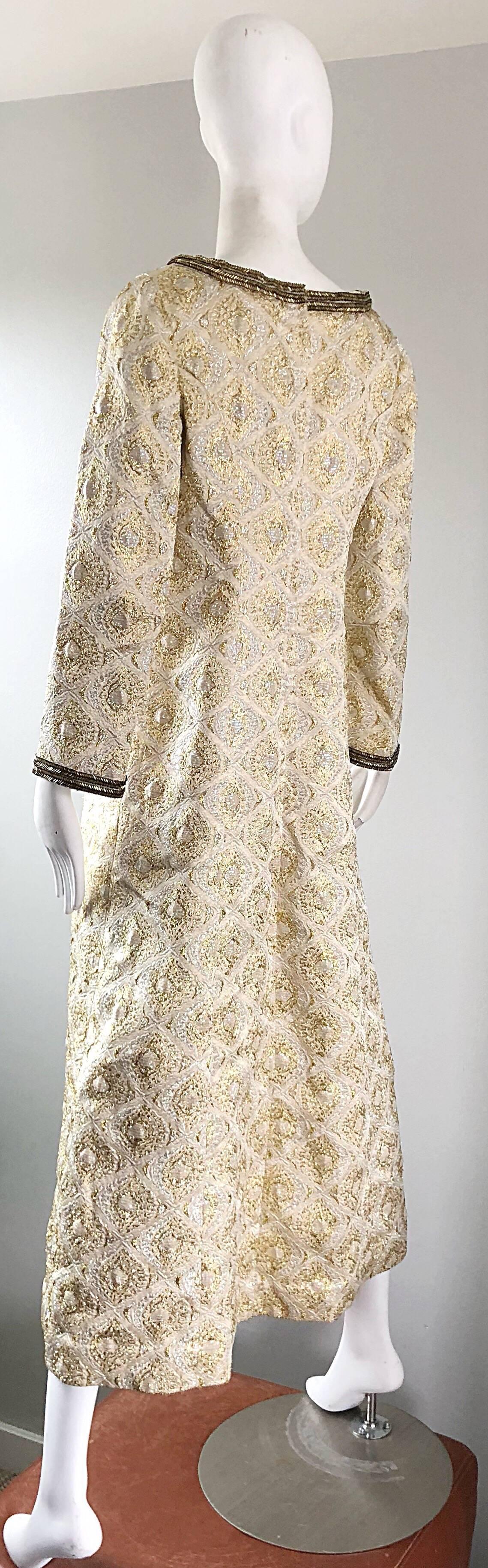 Amazing 1970s Gold + Silver Silk Brocade Beaded Vintage 70s Caftan Maxi Dress For Sale 1