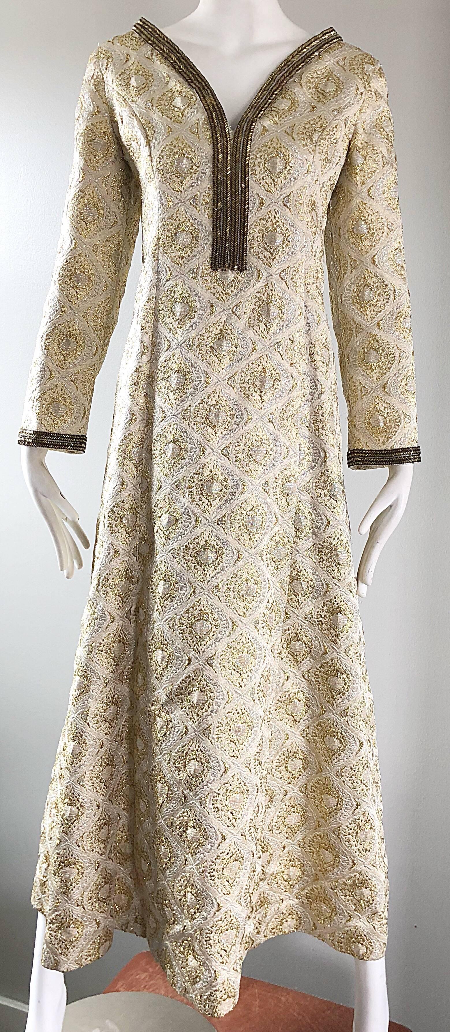 Amazing 1970s Gold + Silver Silk Brocade Beaded Vintage 70s Caftan Maxi Dress For Sale 2