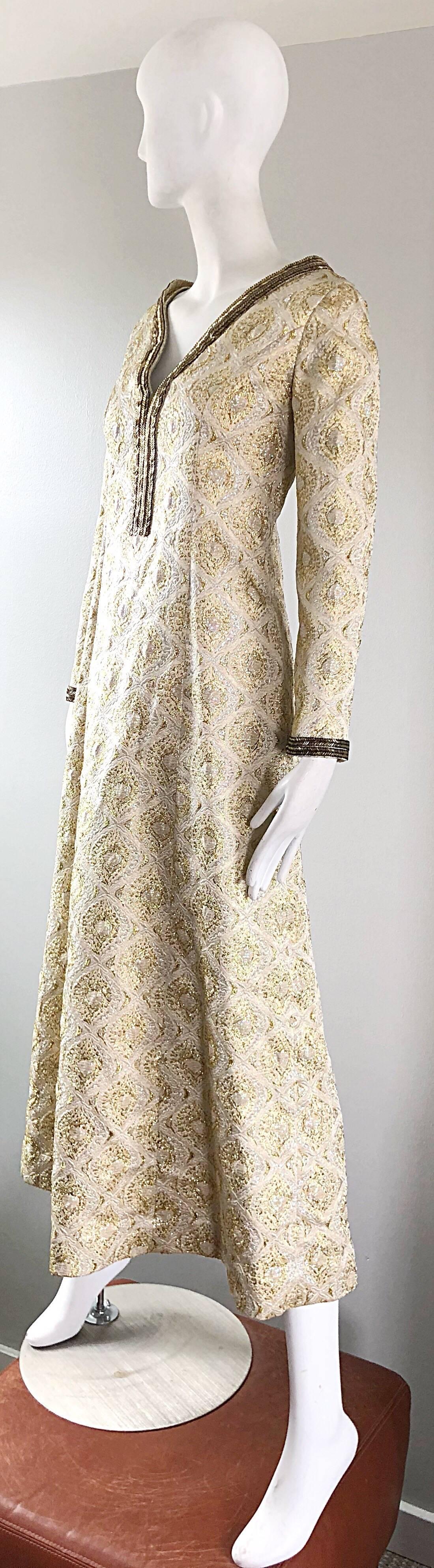 Amazing 1970s Gold + Silver Silk Brocade Beaded Vintage 70s Caftan Maxi Dress For Sale 3