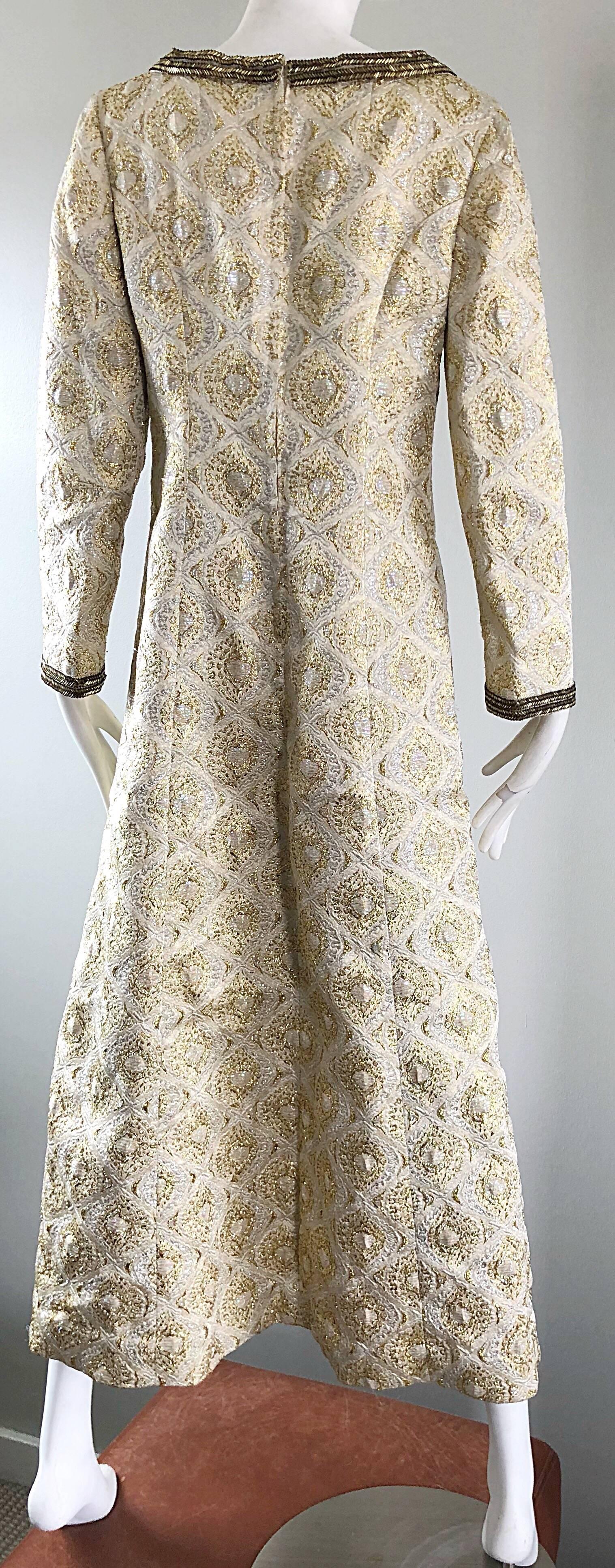 Amazing 1970s Gold + Silver Silk Brocade Beaded Vintage 70s Caftan Maxi Dress For Sale 4