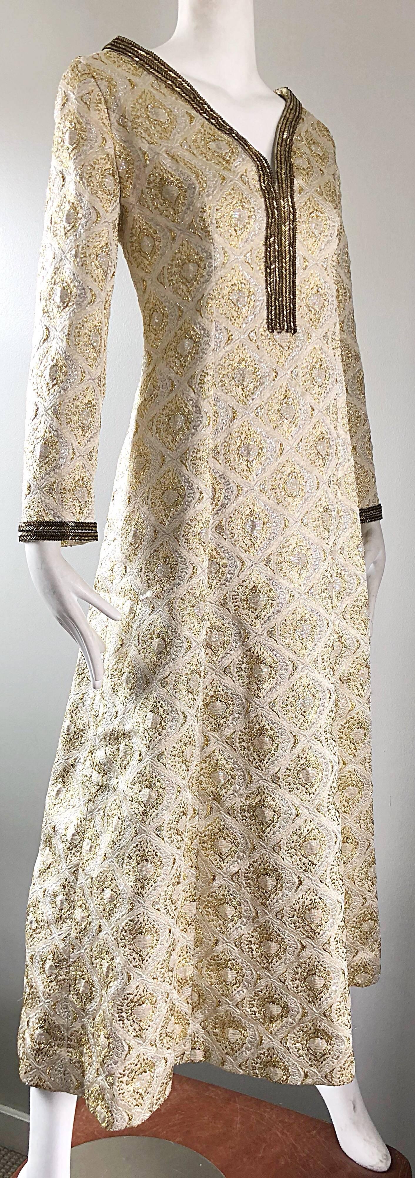 Amazing 1970s Gold + Silver Silk Brocade Beaded Vintage 70s Caftan Maxi Dress For Sale 5