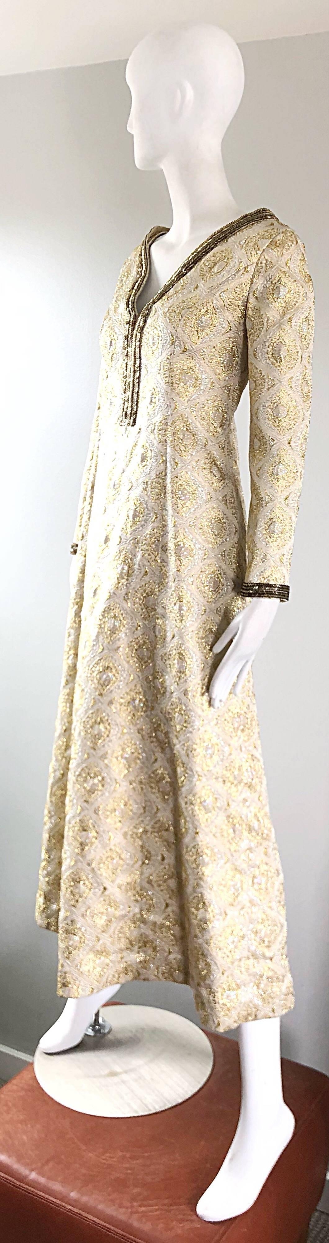 Amazing 1970s Gold + Silver Silk Brocade Beaded Vintage 70s Caftan Maxi Dress For Sale 6