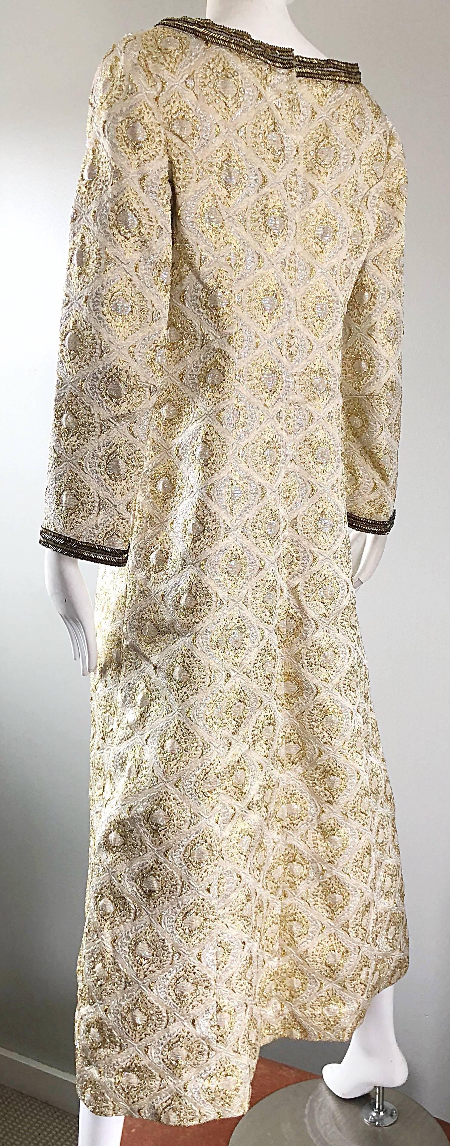 Amazing 1970s Gold + Silver Silk Brocade Beaded Vintage 70s Caftan Maxi Dress For Sale 7