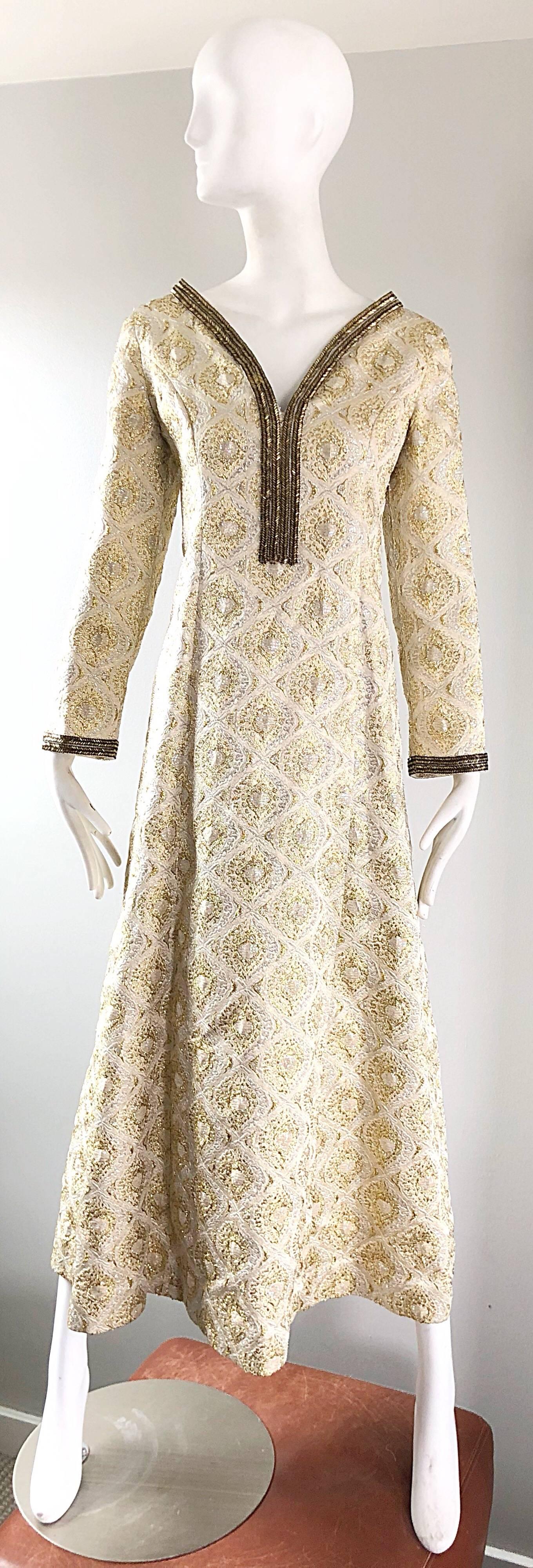 Amazing 1970s Gold + Silver Silk Brocade Beaded Vintage 70s Caftan Maxi Dress For Sale 8
