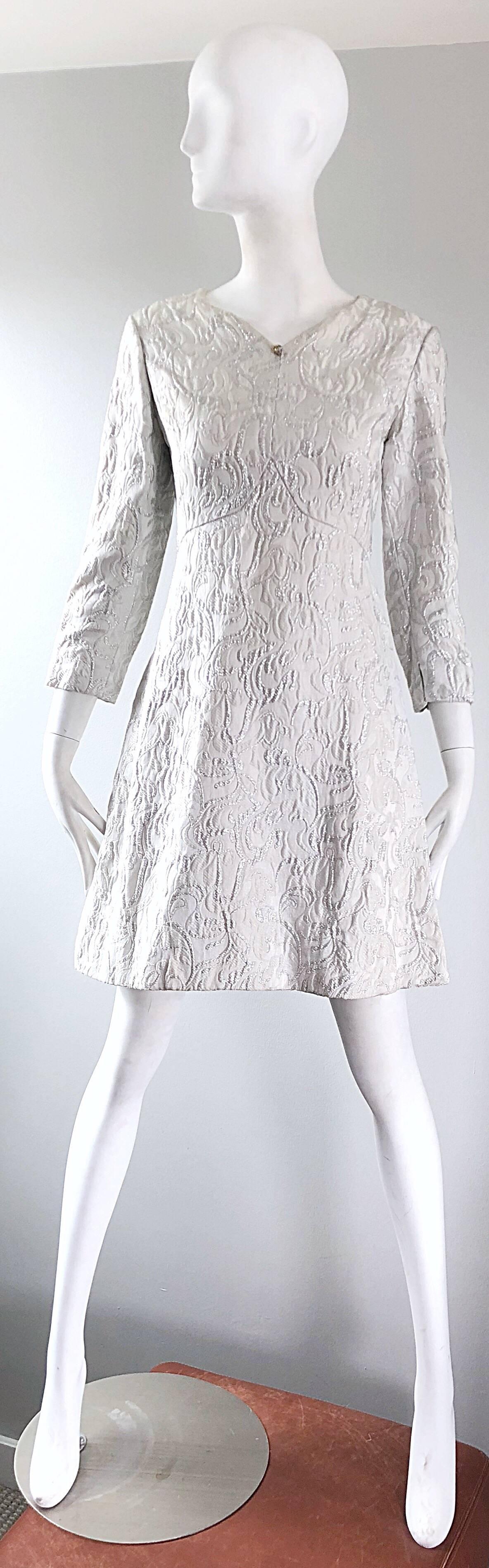 Gray Documented Ceil Chapman 1960s silk brocade silver and white A-Line dress