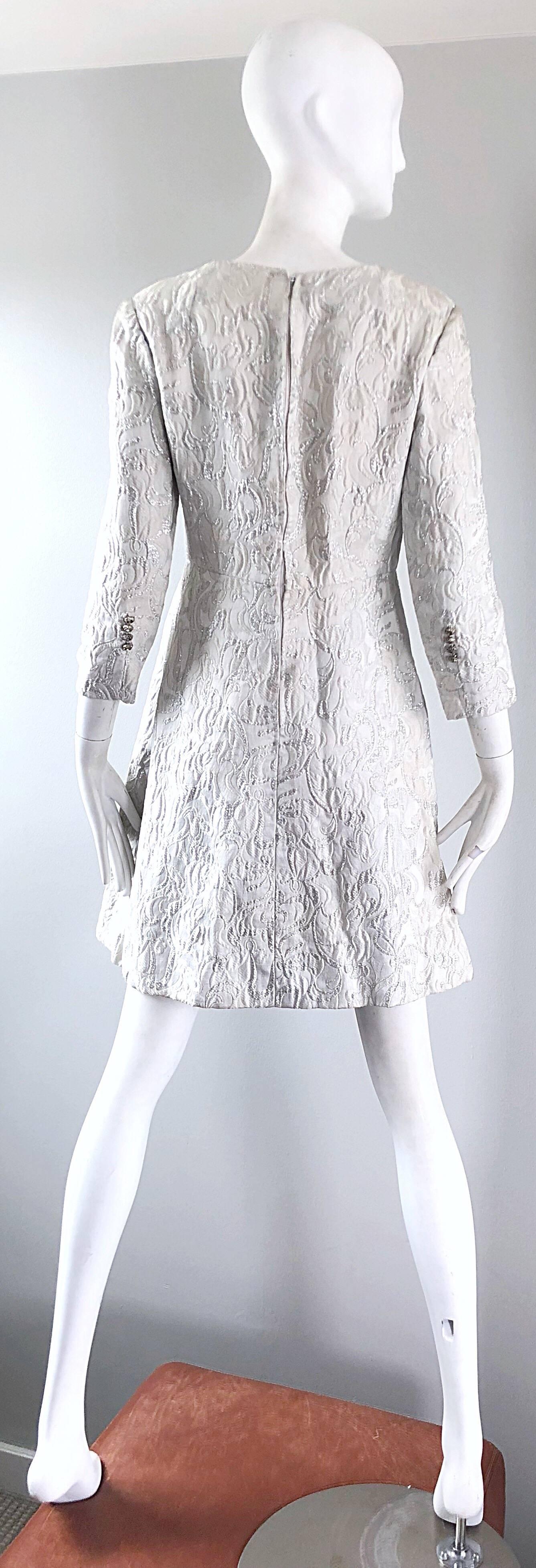 Women's Documented Ceil Chapman 1960s silk brocade silver and white A-Line dress