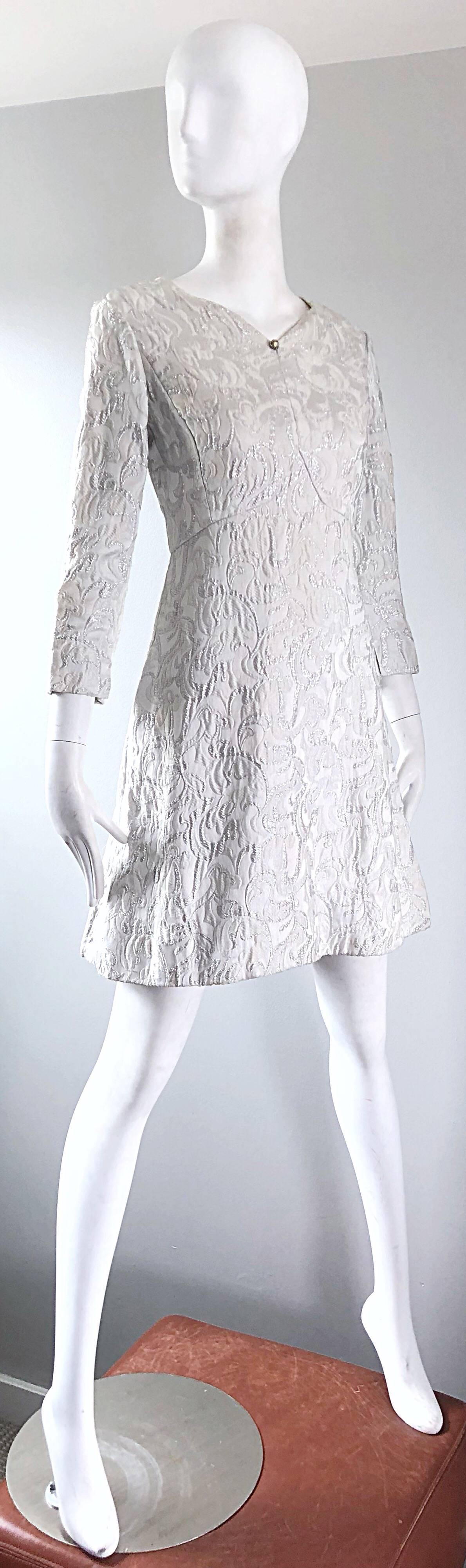 Documented Ceil Chapman 1960s silk brocade silver and white A-Line dress 1