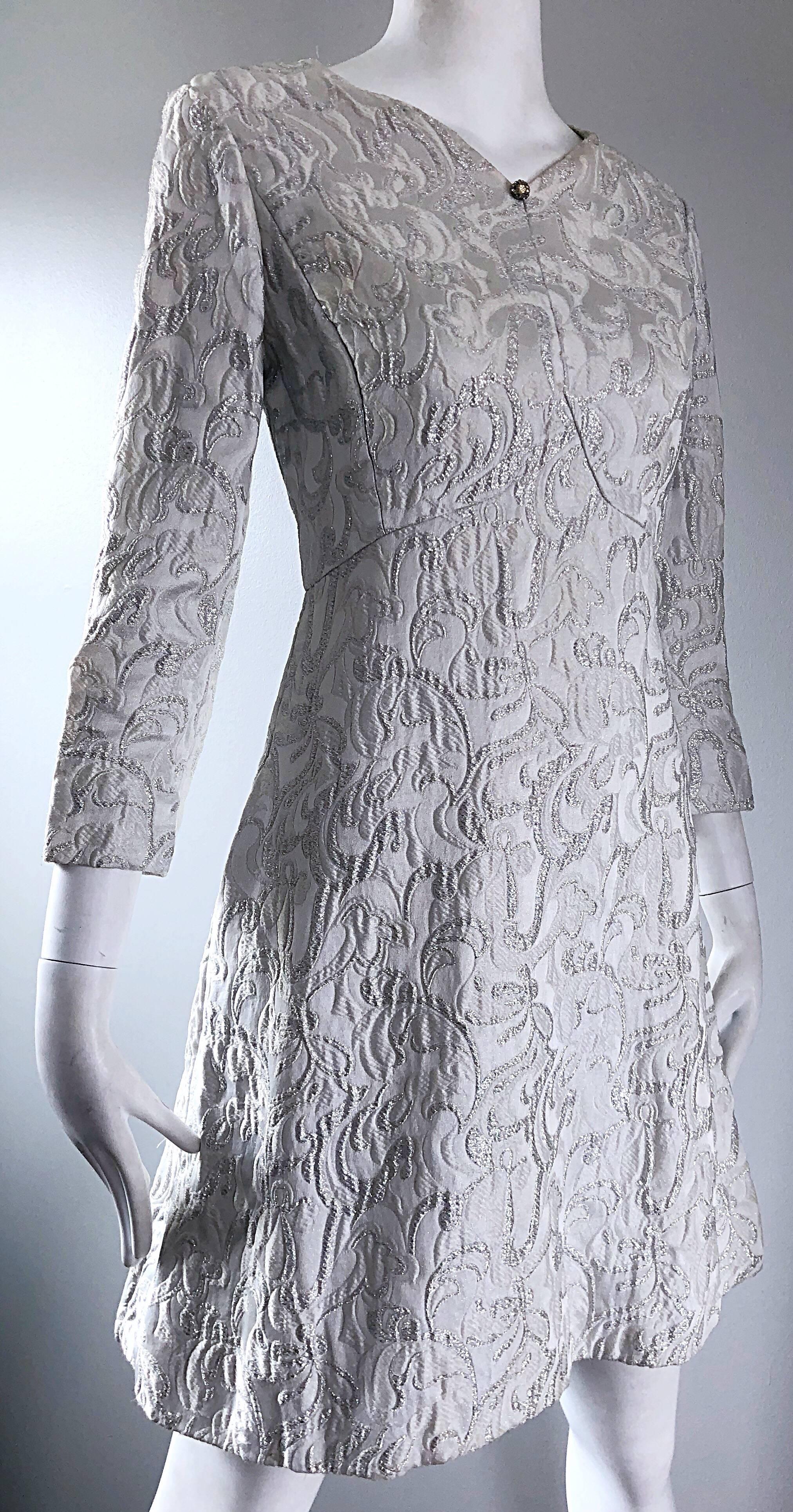 Documented Ceil Chapman 1960s silk brocade silver and white A-Line dress 2