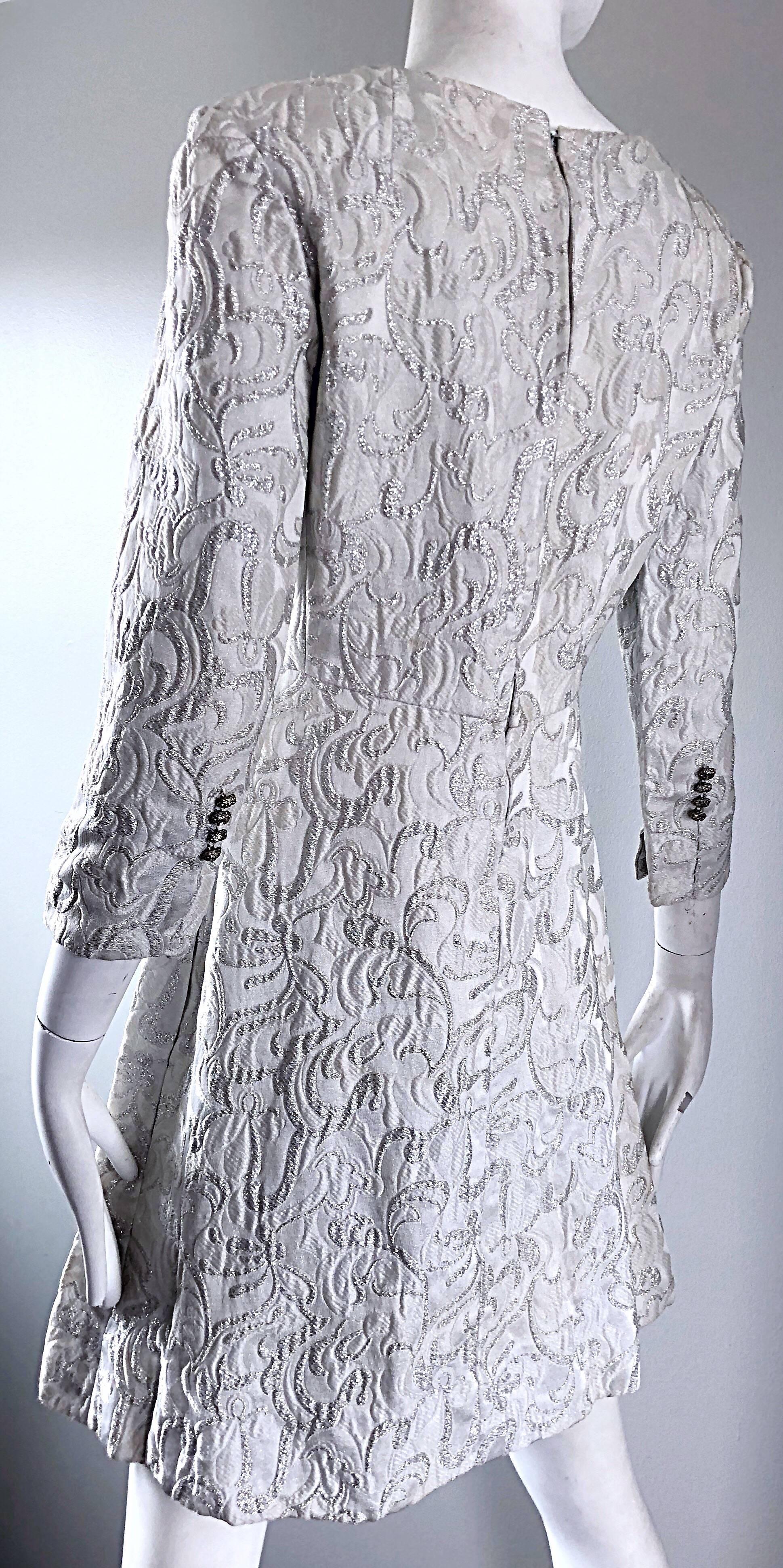 Documented Ceil Chapman 1960s silk brocade silver and white A-Line dress 4