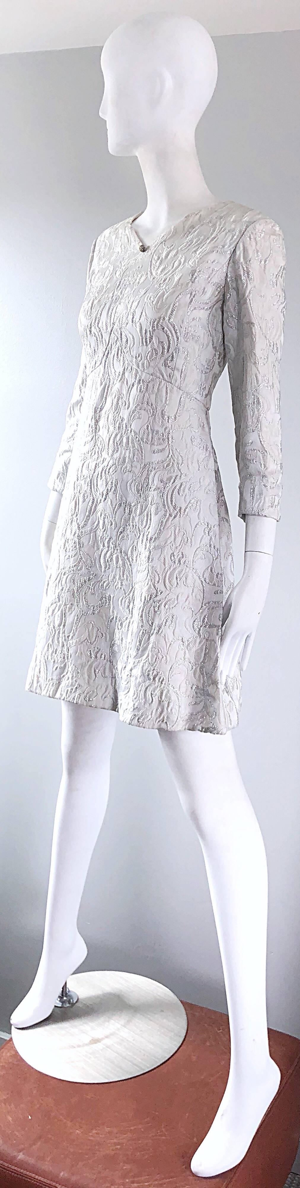 Documented Ceil Chapman 1960s silk brocade silver and white A-Line dress 5