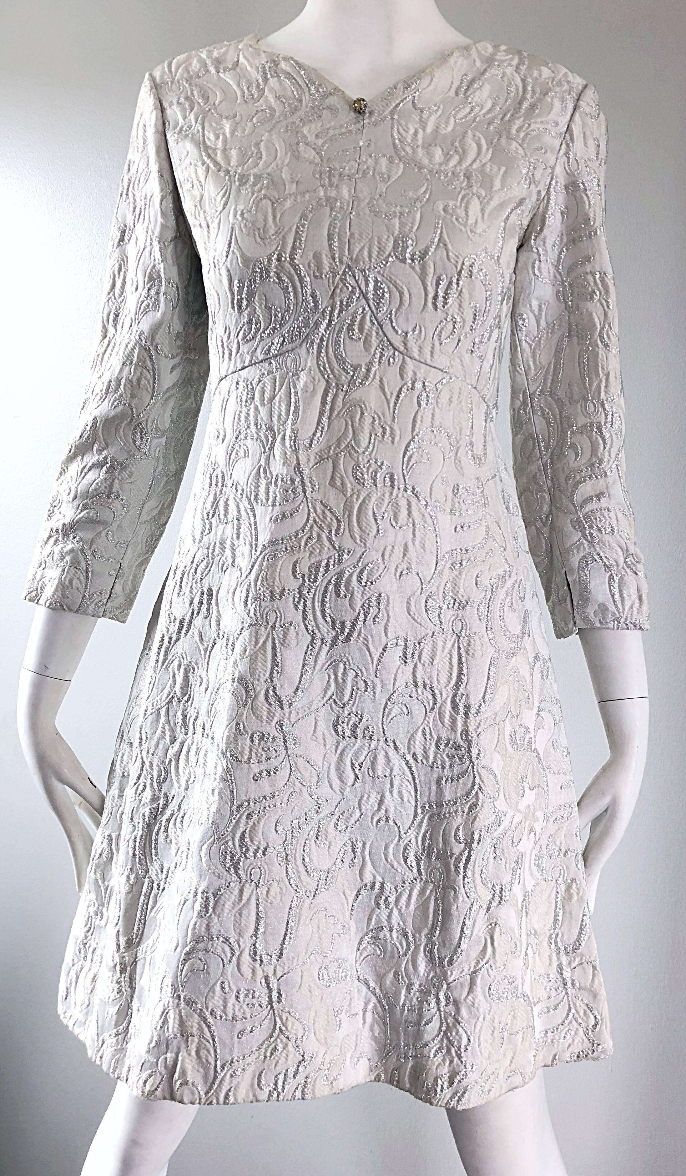 Documented Ceil Chapman 1960s silk brocade silver and white A-Line dress 6