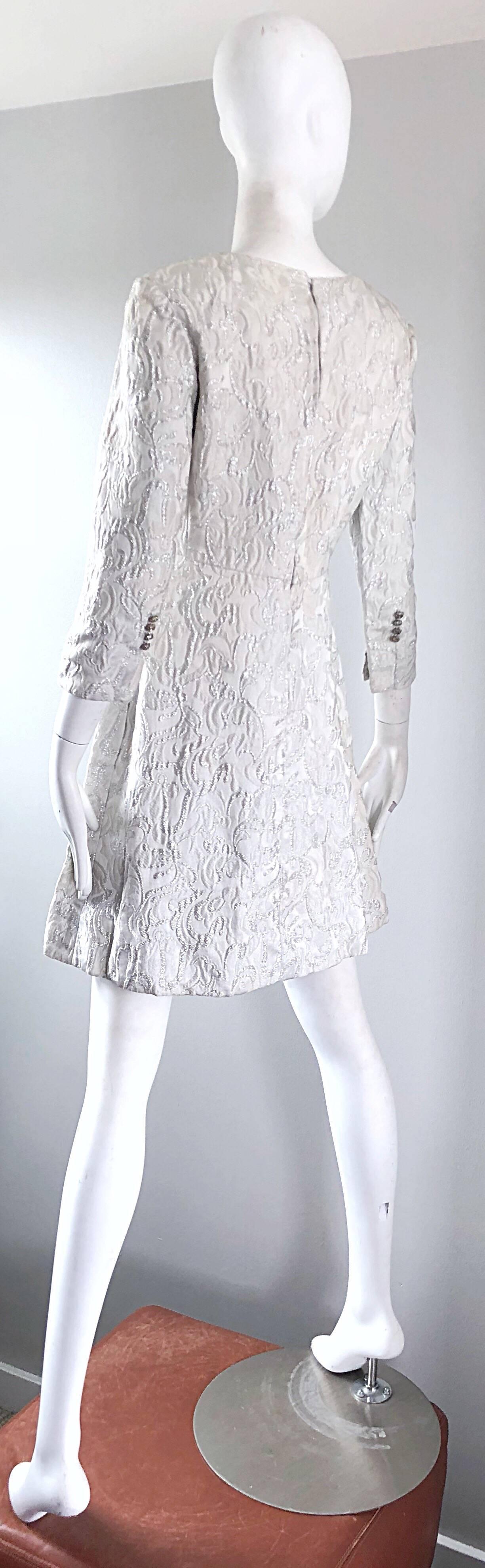 Documented Ceil Chapman 1960s silk brocade silver and white A-Line dress 7