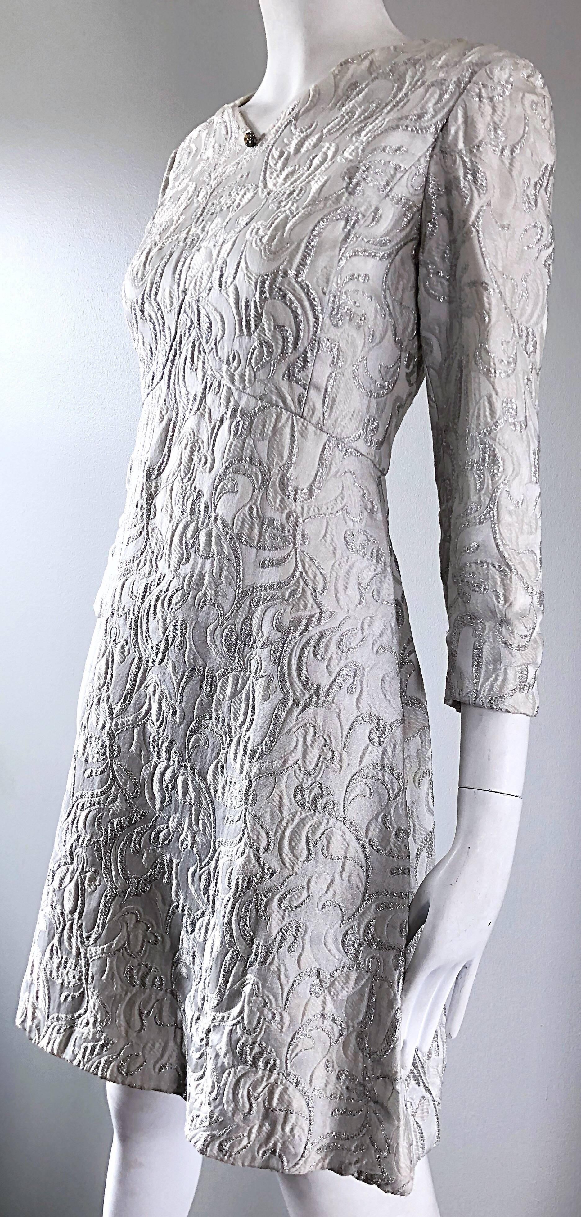 Documented Ceil Chapman 1960s silk brocade silver and white A-Line dress 8
