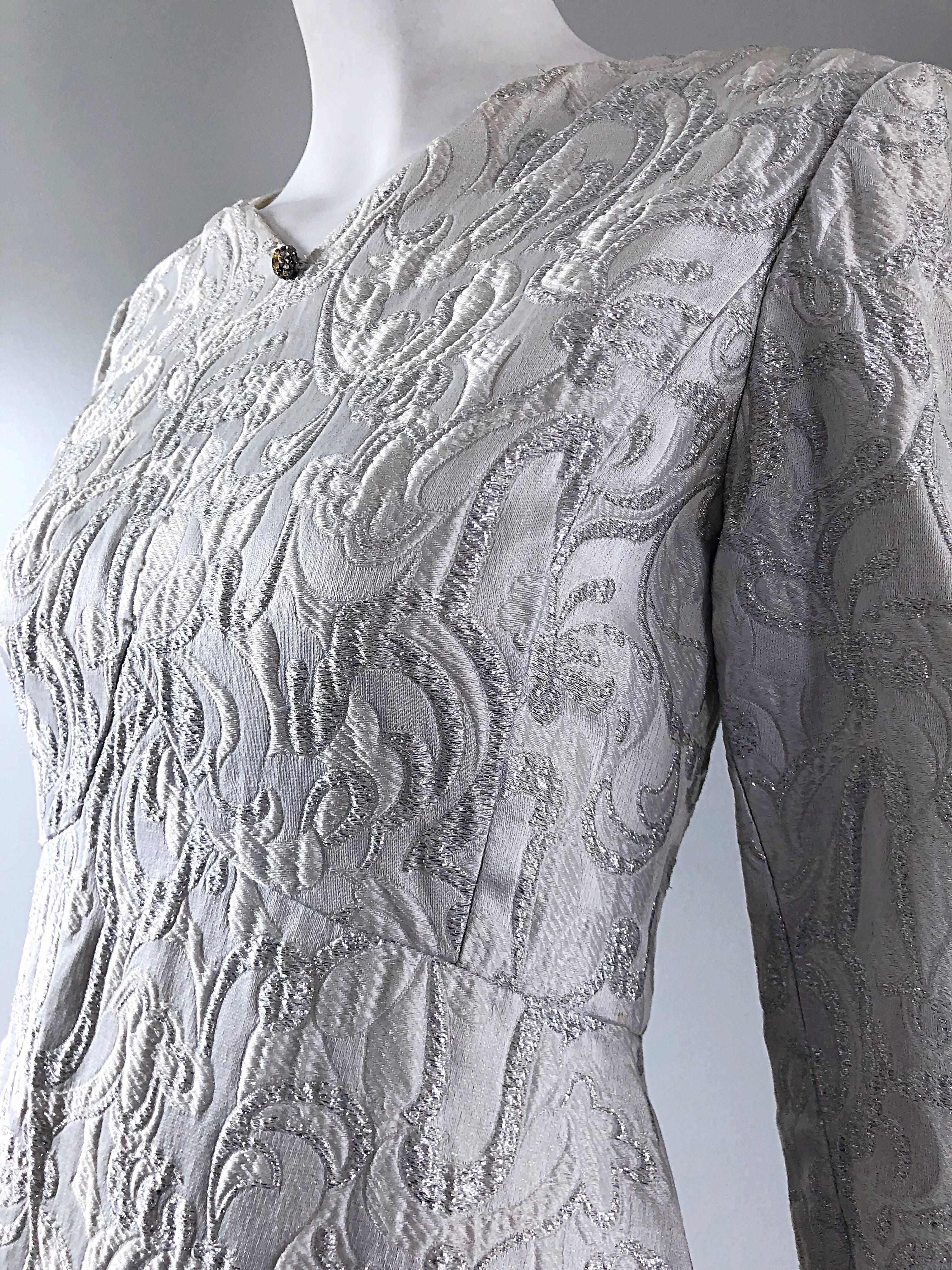 Documented Ceil Chapman 1960s silk brocade silver and white A-Line dress 9