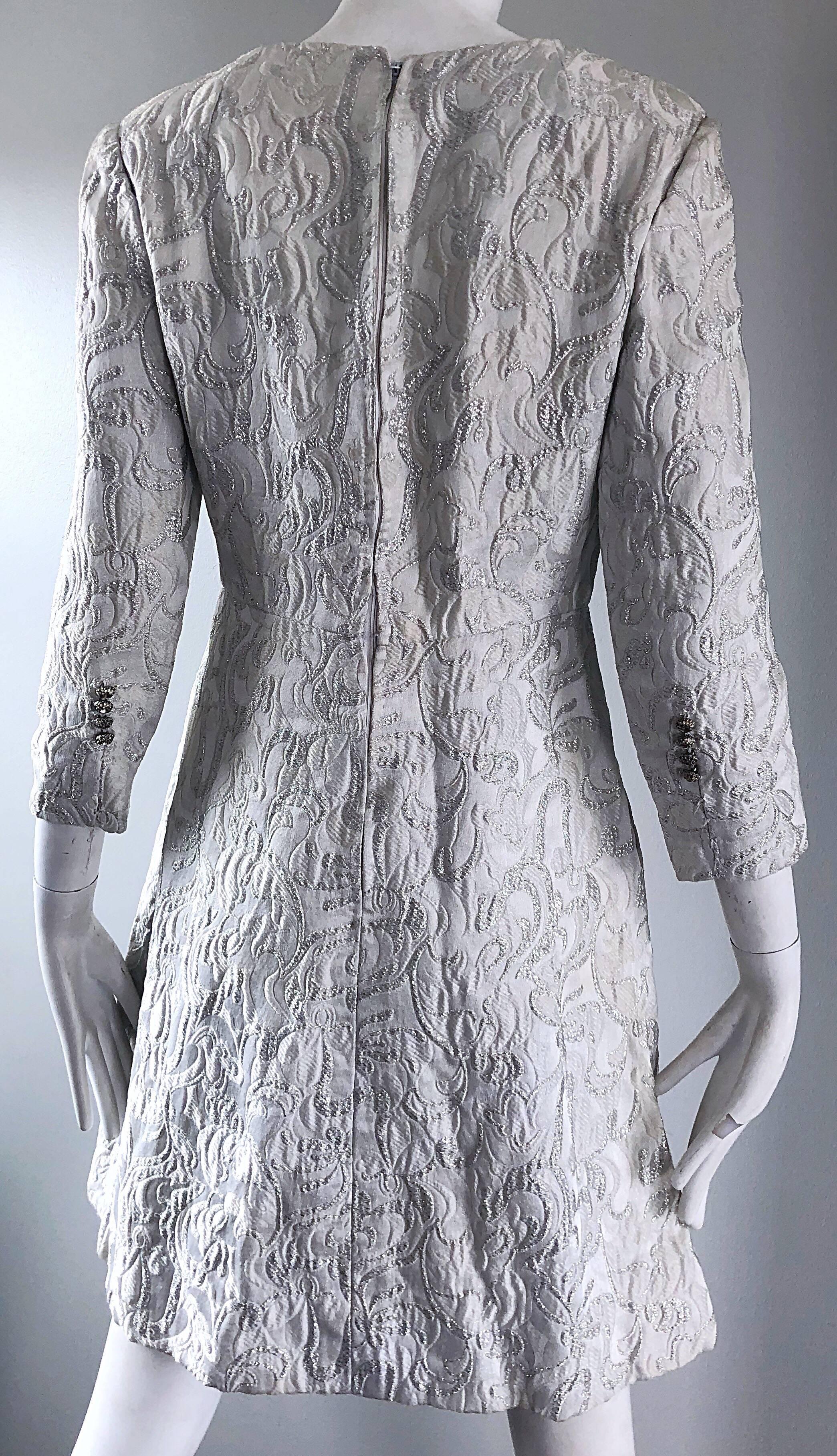 Documented Ceil Chapman 1960s silk brocade silver and white A-Line dress 10