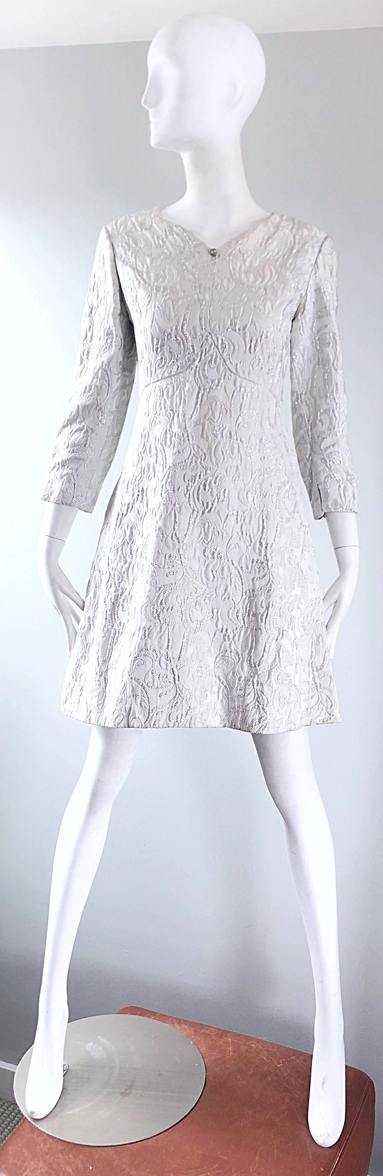 Documented Ceil Chapman 1960s silk brocade silver and white A-Line dress 11