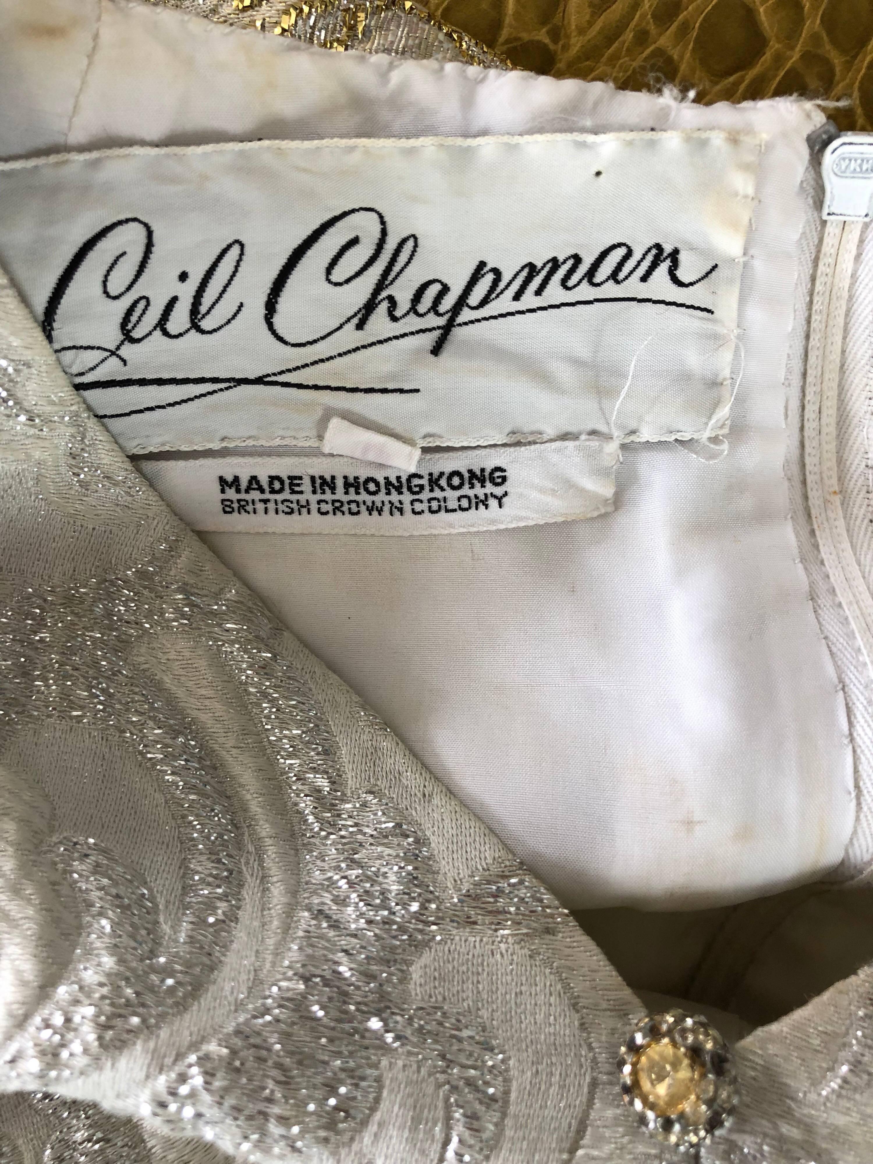 Documented Ceil Chapman 1960s silk brocade silver and white A-Line dress 12