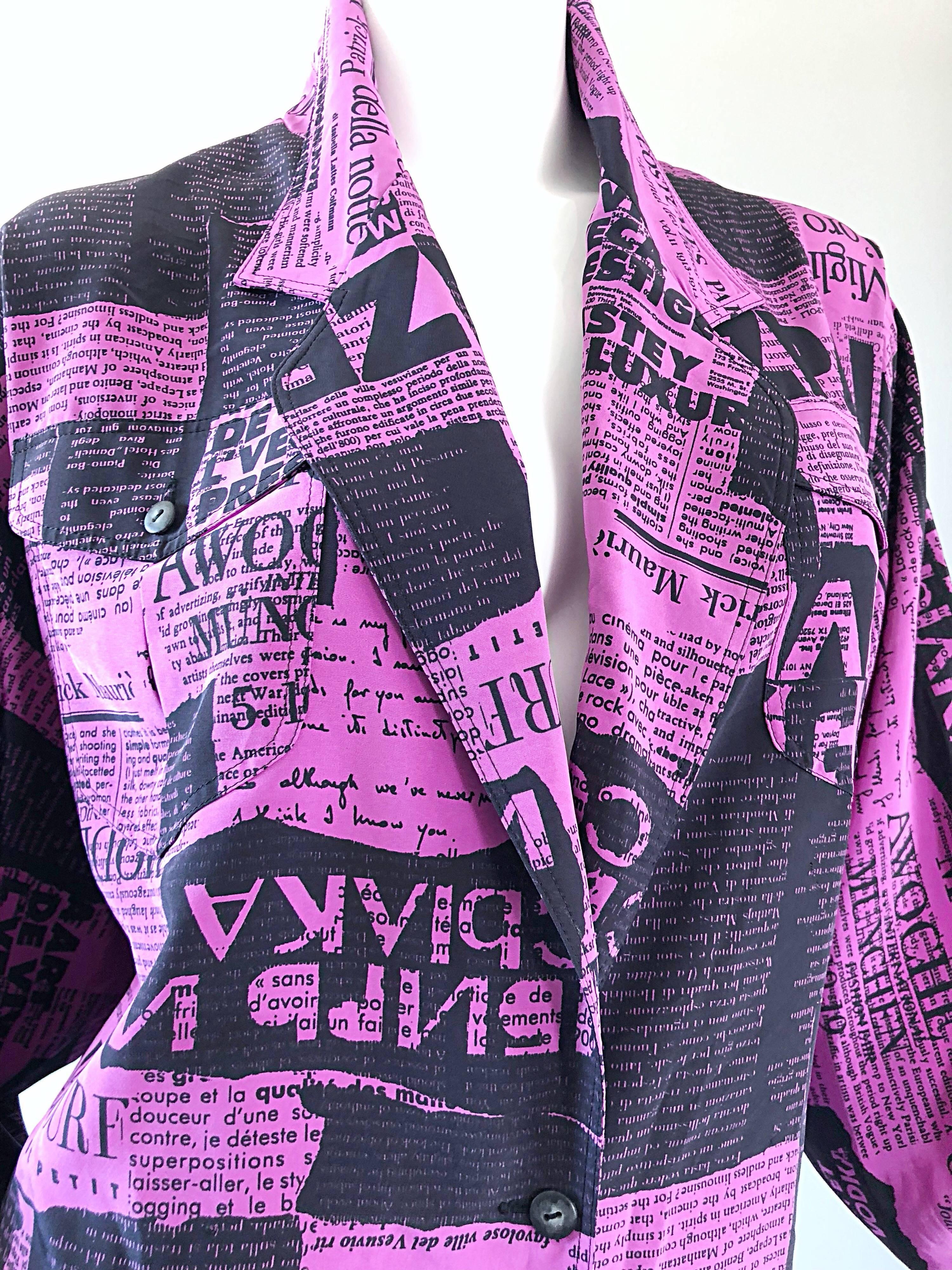 Amazing 1980s Purple + Black Newspaper Print Vintage 80s Novelty Jacket Blouse In Excellent Condition In San Diego, CA