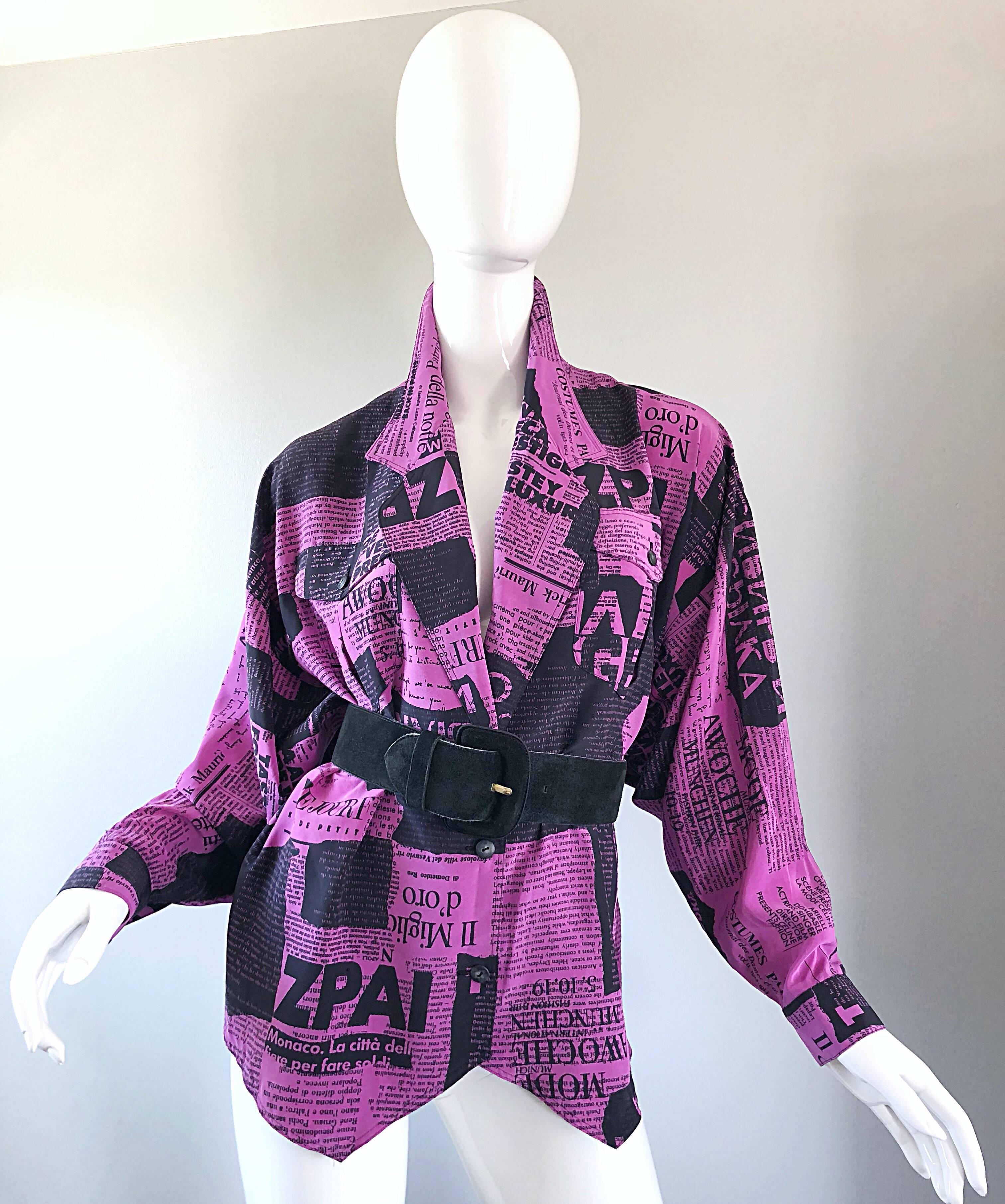 Women's Amazing 1980s Purple + Black Newspaper Print Vintage 80s Novelty Jacket Blouse