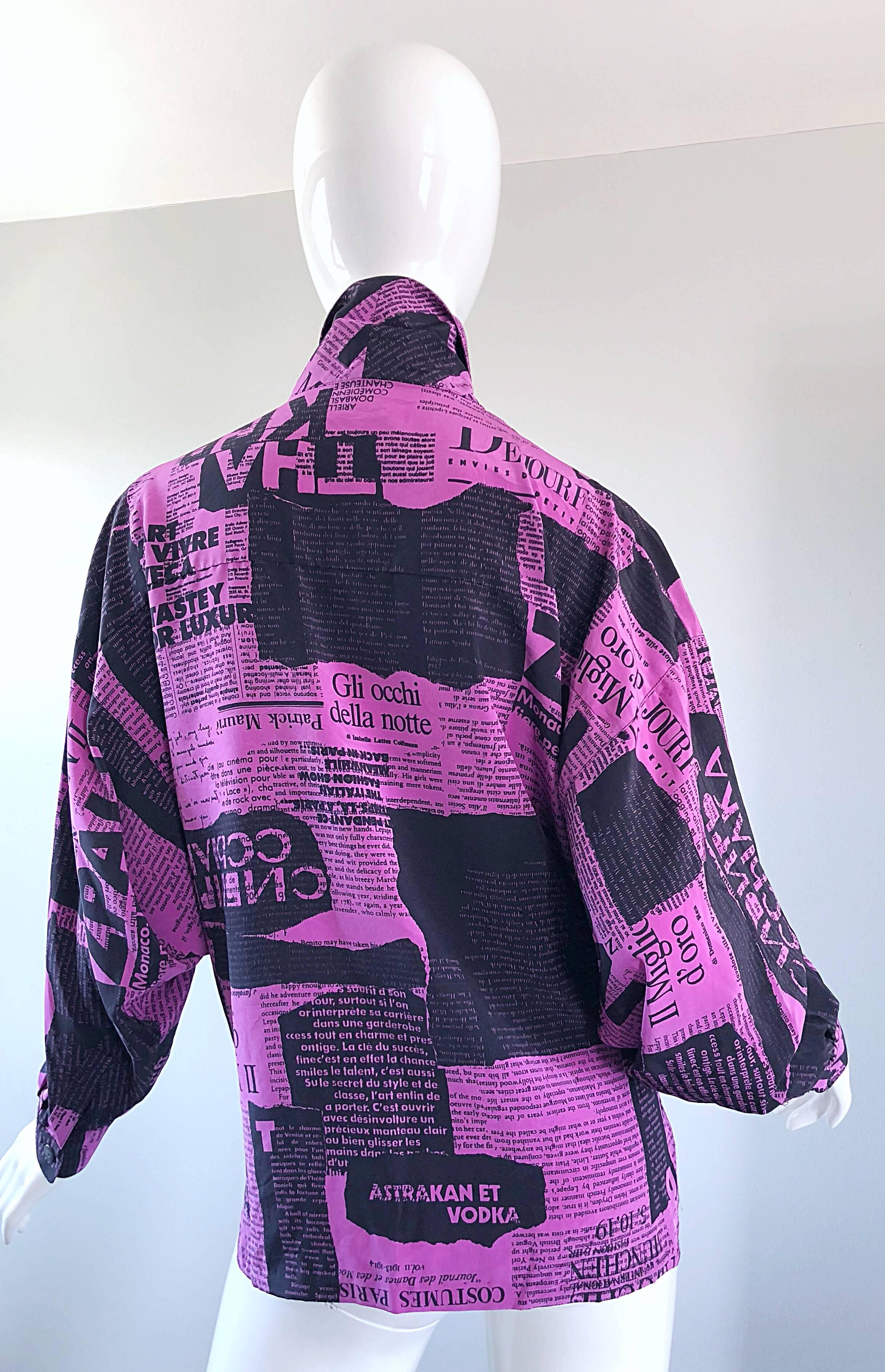 Amazing 1980s Purple + Black Newspaper Print Vintage 80s Novelty Jacket Blouse 1