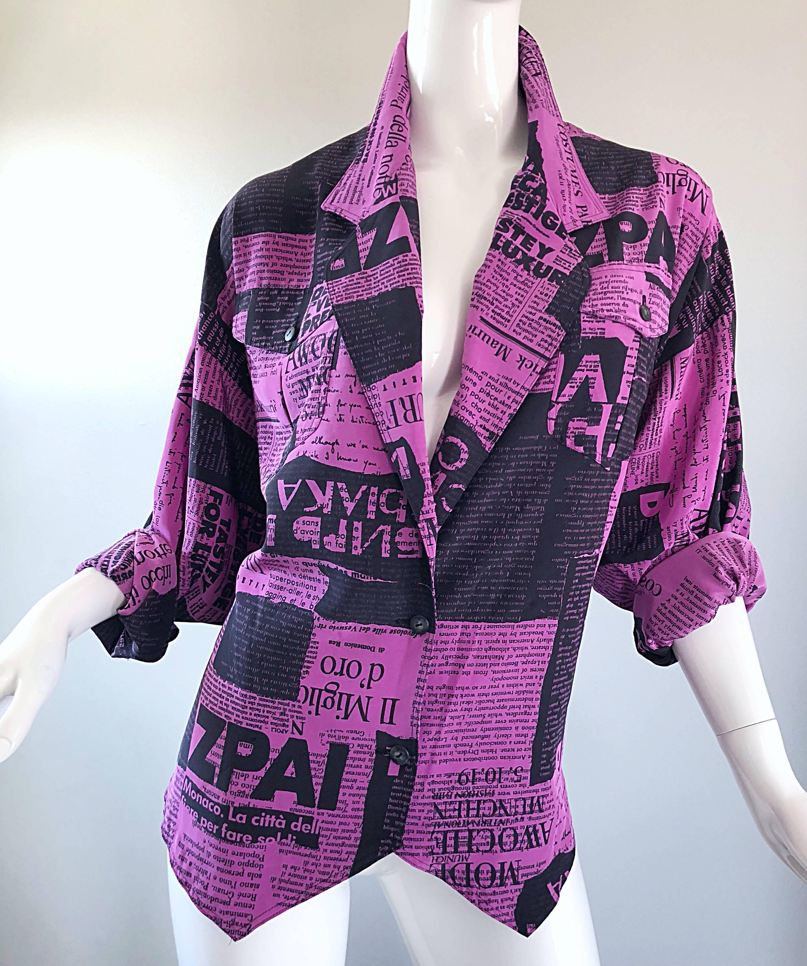 Amazing 1980s Purple + Black Newspaper Print Vintage 80s Novelty Jacket Blouse 2