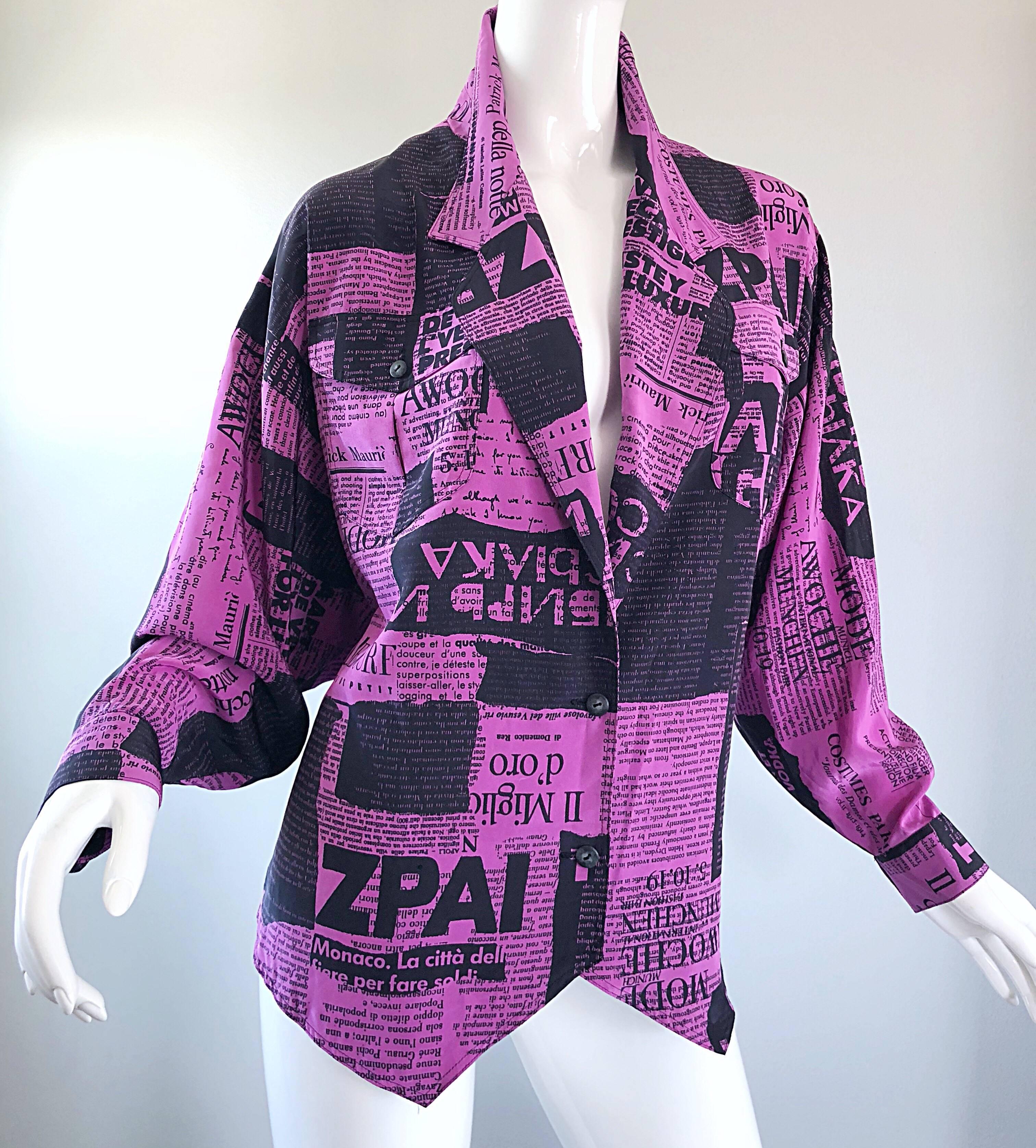 Amazing 1980s Purple + Black Newspaper Print Vintage 80s Novelty Jacket Blouse 3