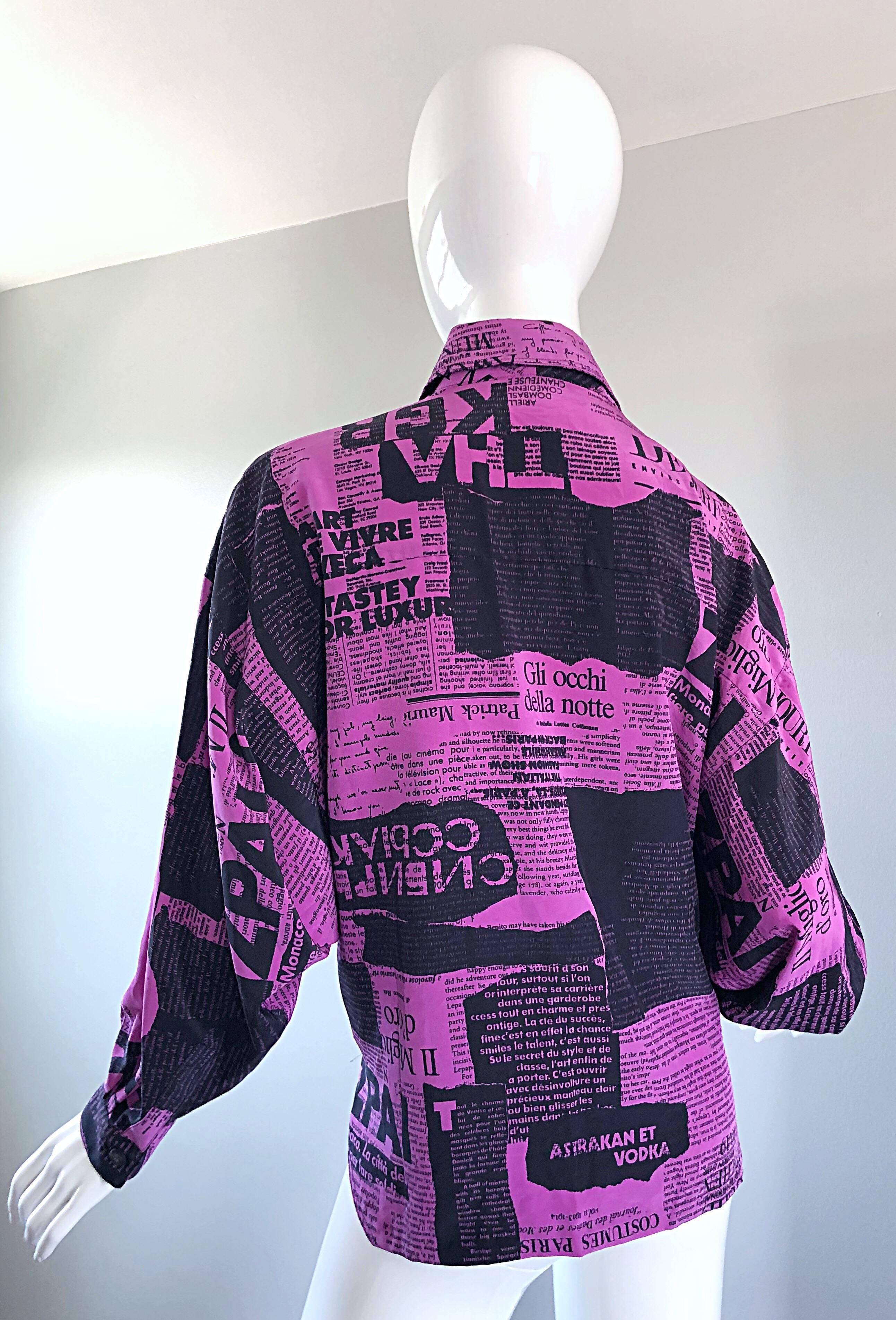 Amazing 1980s Purple + Black Newspaper Print Vintage 80s Novelty Jacket Blouse 6