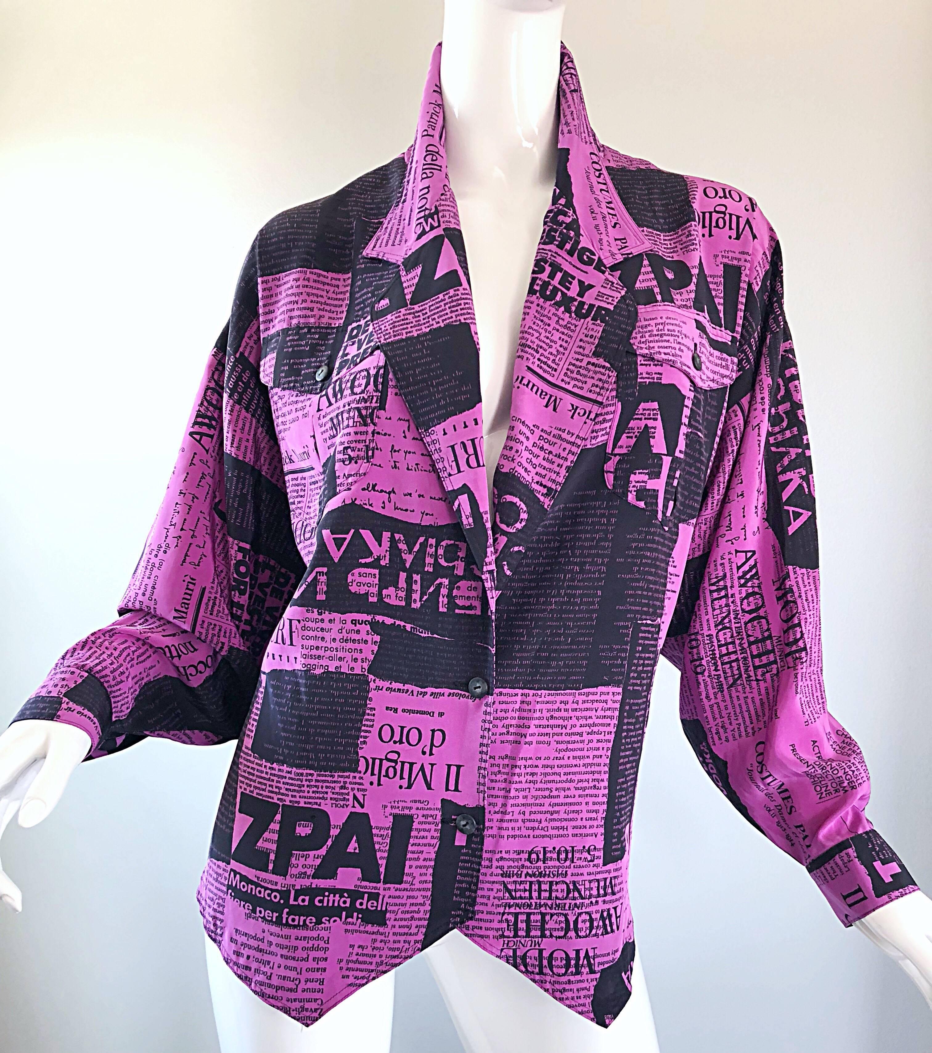 Amazing 1980s Purple + Black Newspaper Print Vintage 80s Novelty Jacket Blouse 7