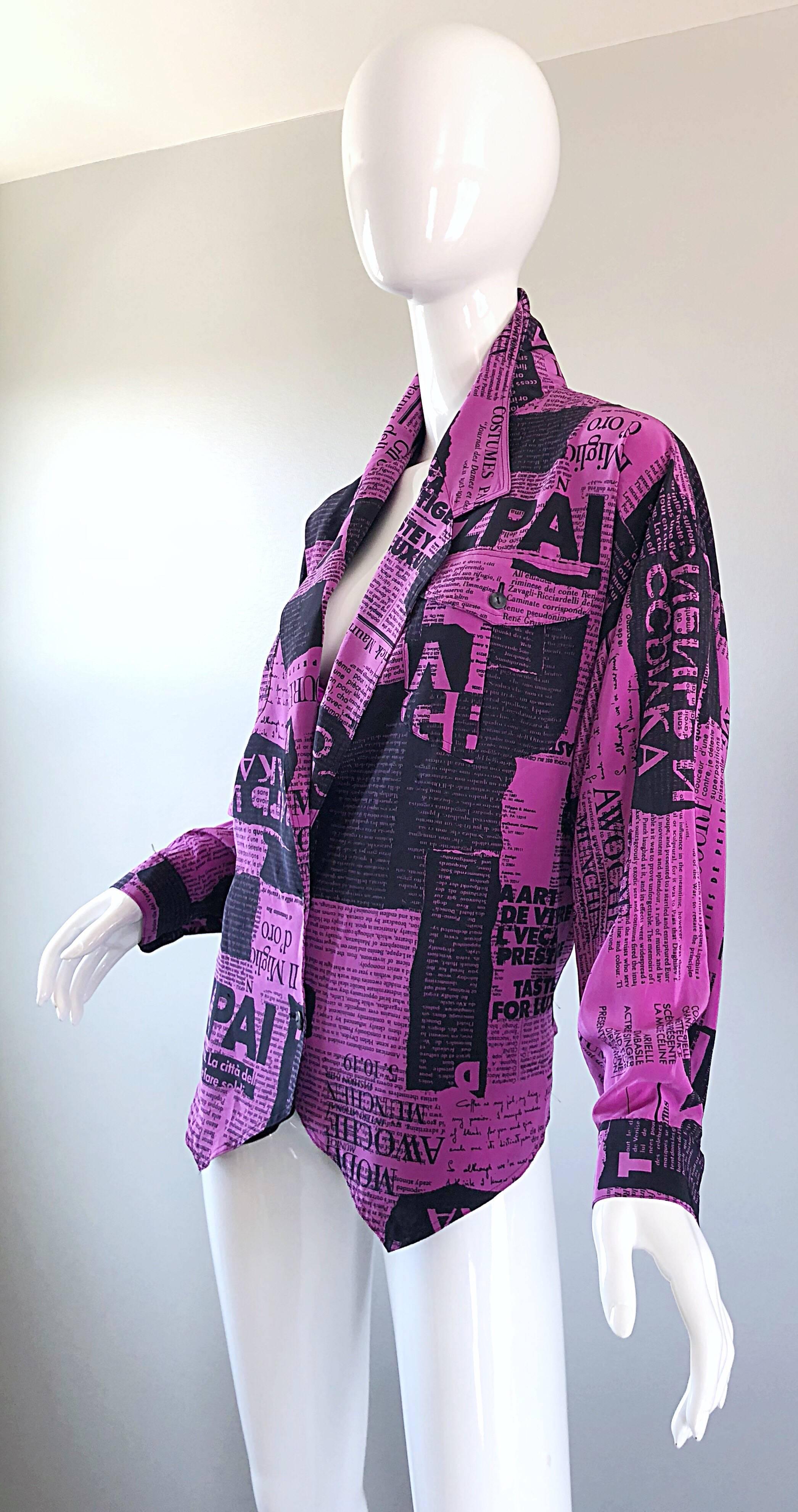 Amazing 1980s Purple + Black Newspaper Print Vintage 80s Novelty Jacket Blouse 8
